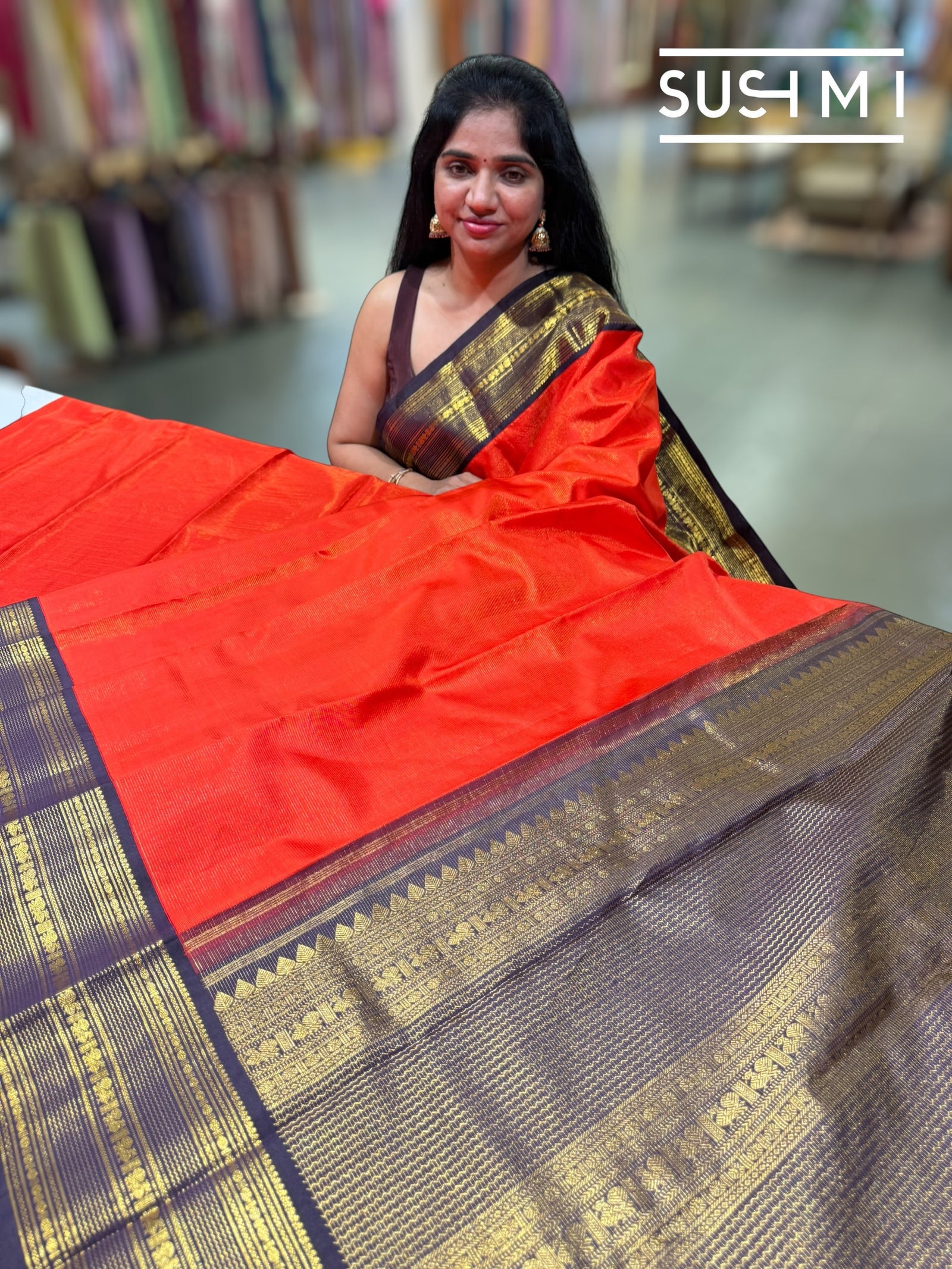 Fanta Orange Vaira Oosi Stripes Vintage Kanjeevaram Saree : S62F120