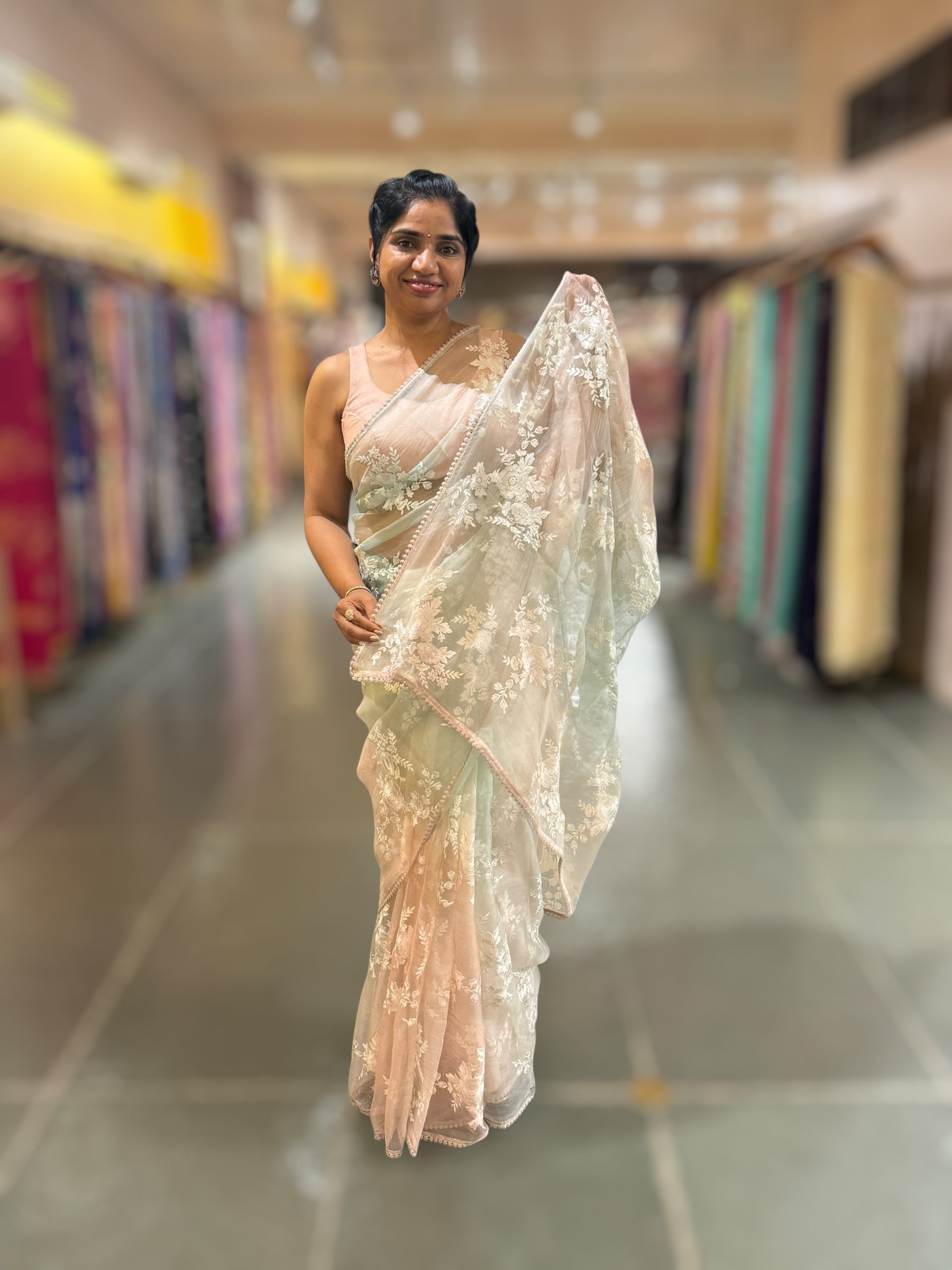 Pure Muslin Ombre Dyed Saree With allover Embroidery