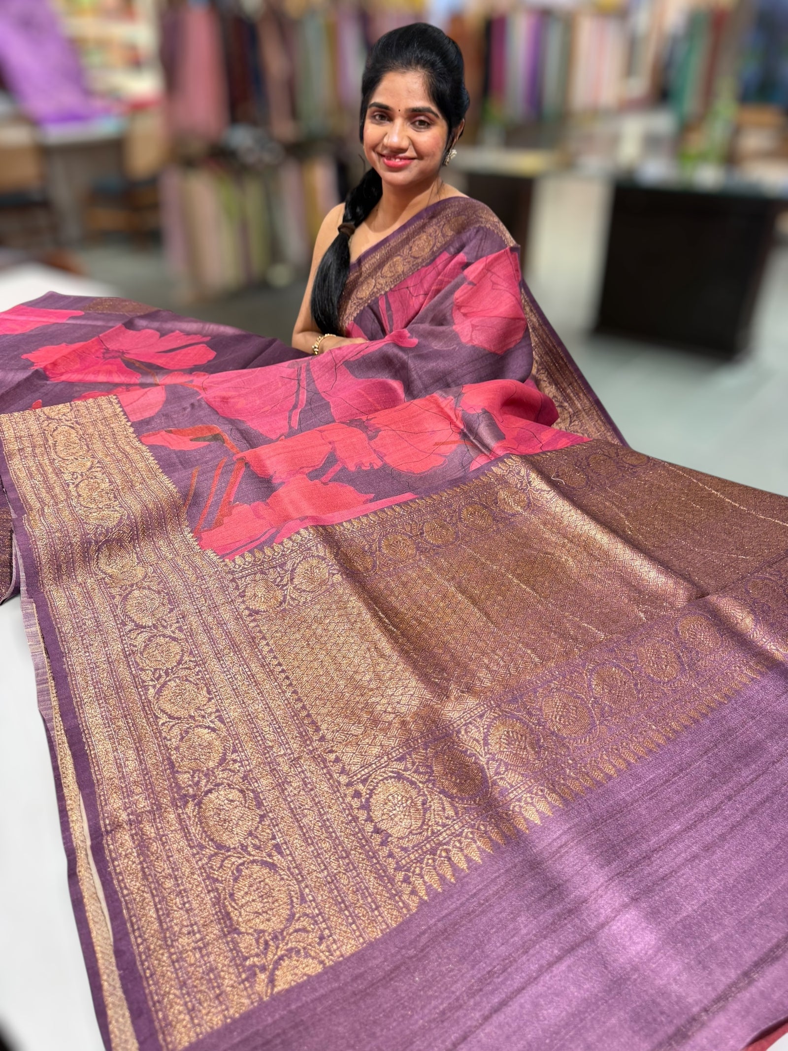 Wine Printed Tussar Tissue Saree