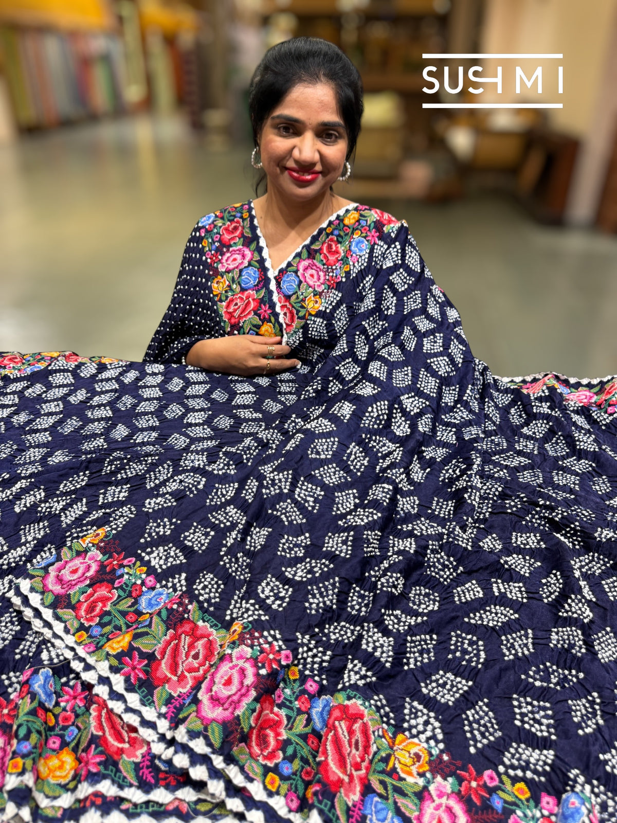 Midnight Blue Pure Gajji Silk Rai bandhej Saree with petite point embroidery : SM078