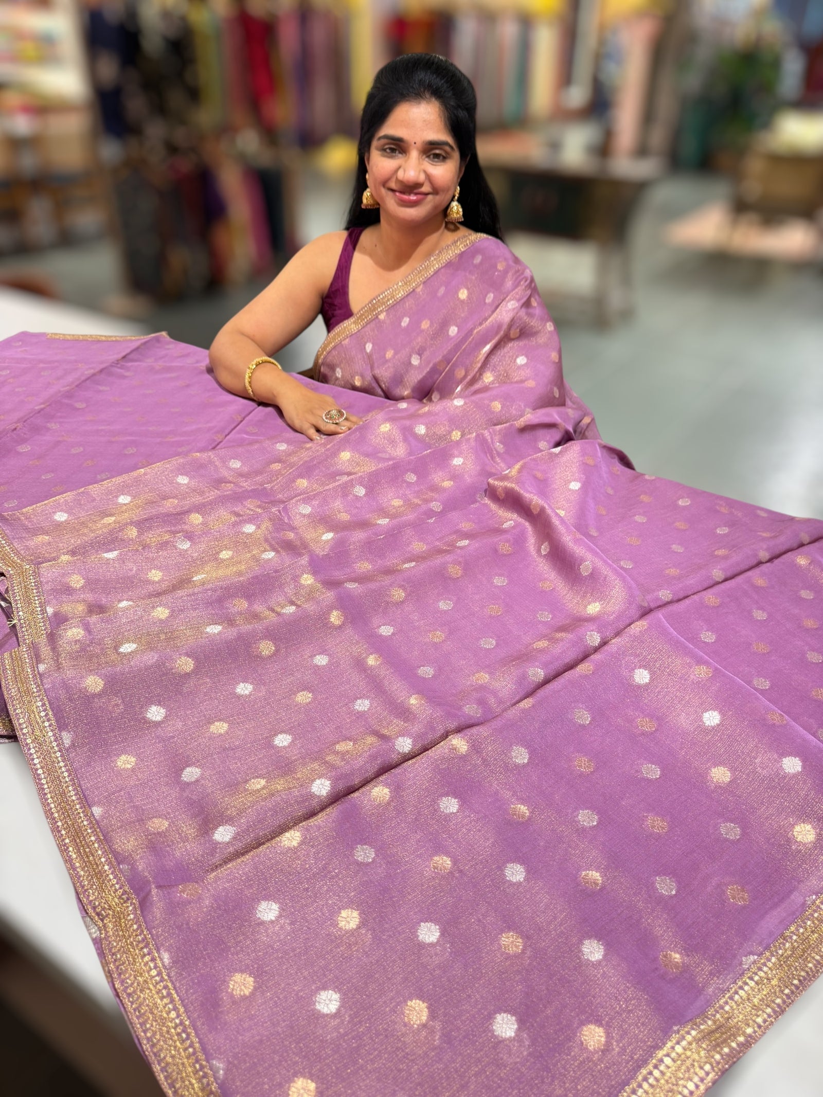 Lilac tissue Kota saree with sabyasachi borders and fancy Pythani tissue blosue