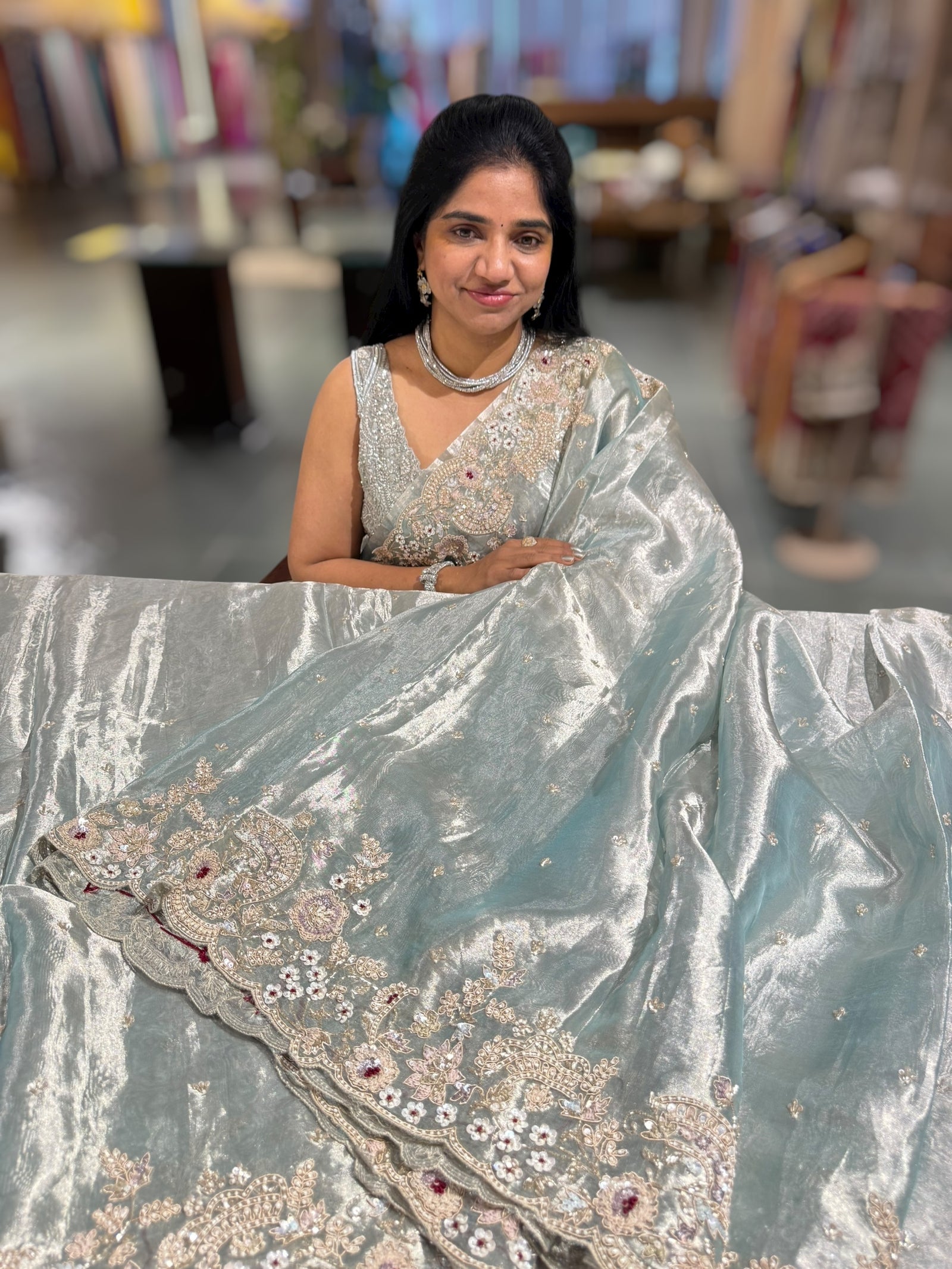 Pastel Blue tissue saree with heavy handwork