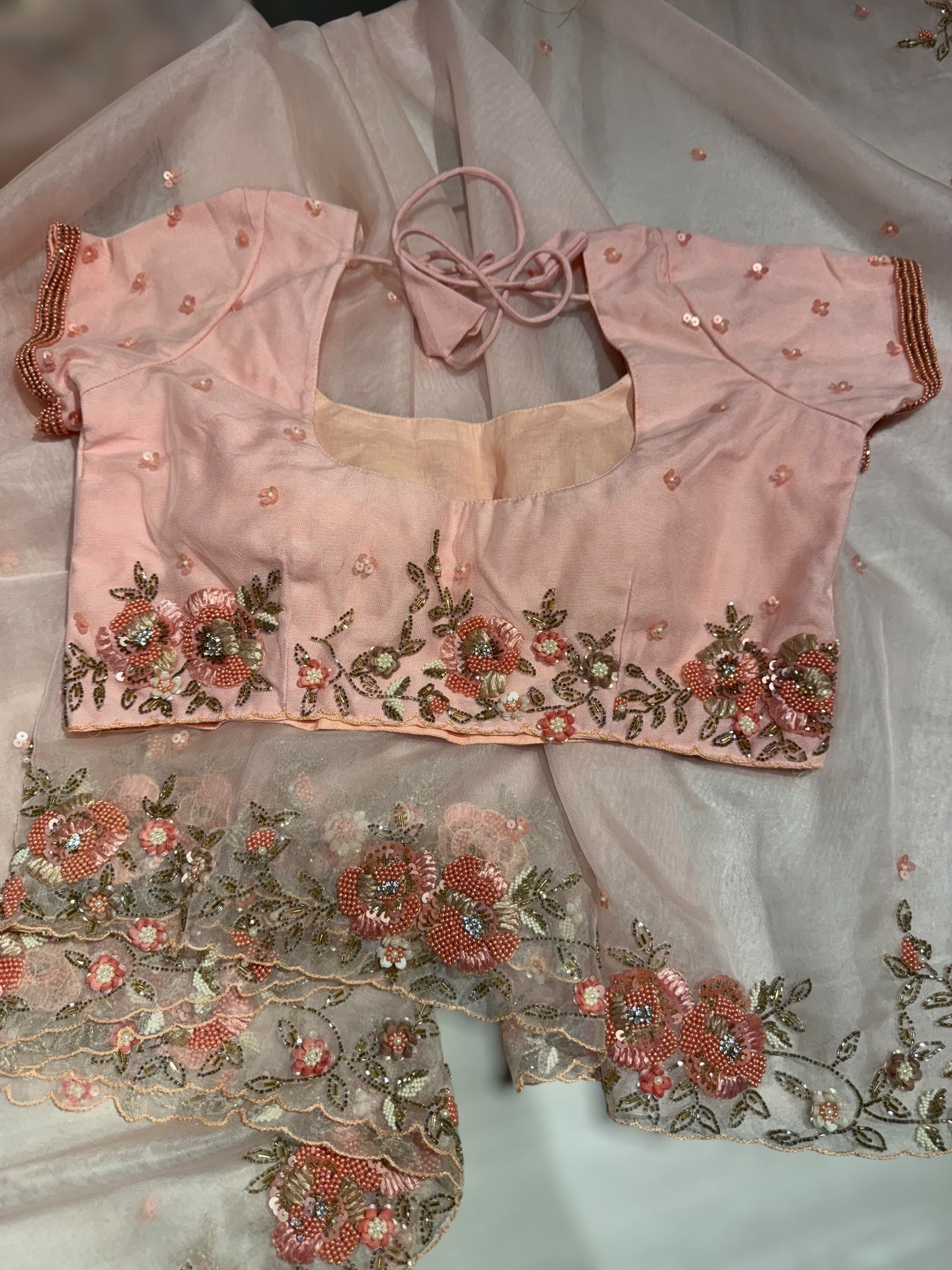 Pink Organza handwork saree with ready to wear blouse