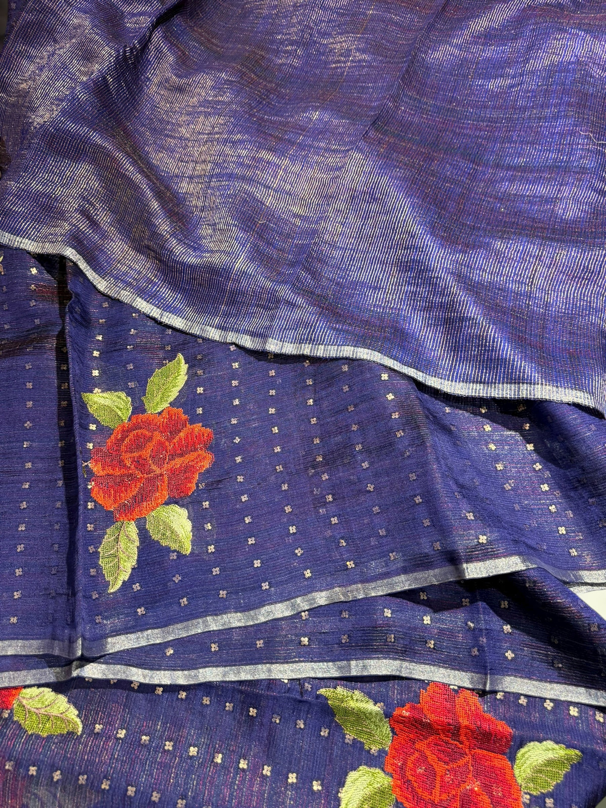 Violet Tussar Kota Saree with embedded sequnce and hibuscus flower embroidery