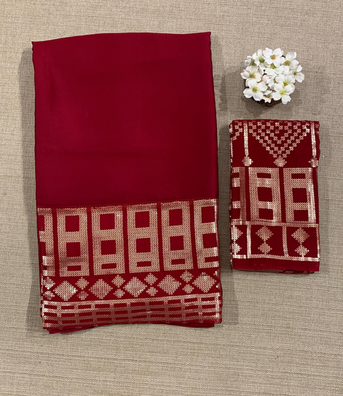 Meroonish Red pure Satin Saree with designer sequence border and blouse