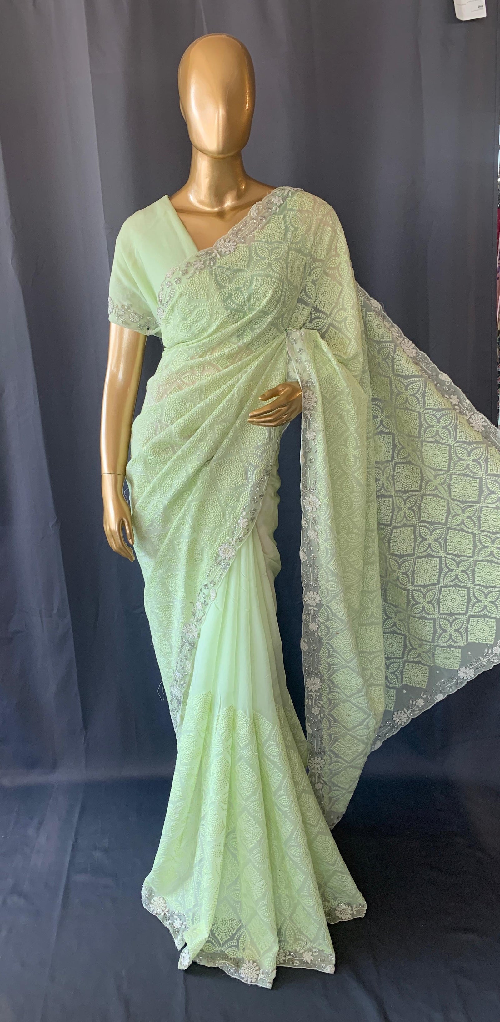 Sea Green Georgette saree with allover Chikankari : DSCL015