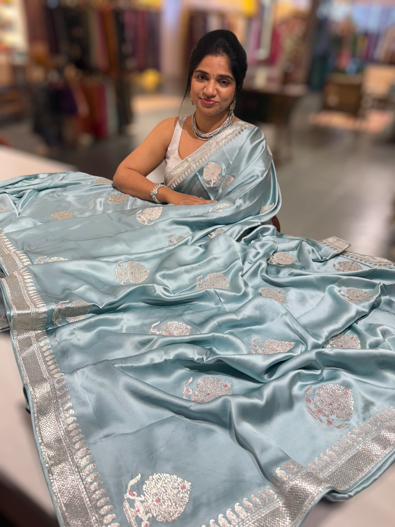 Dusty Blue Pure Satin Saree with Embroidery.