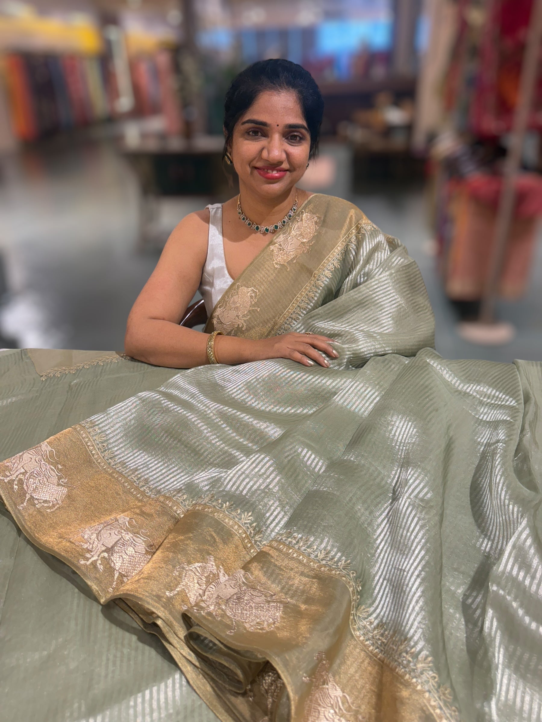 Mint Kora tissue stripes Saree with Nandi embroidered tissue border