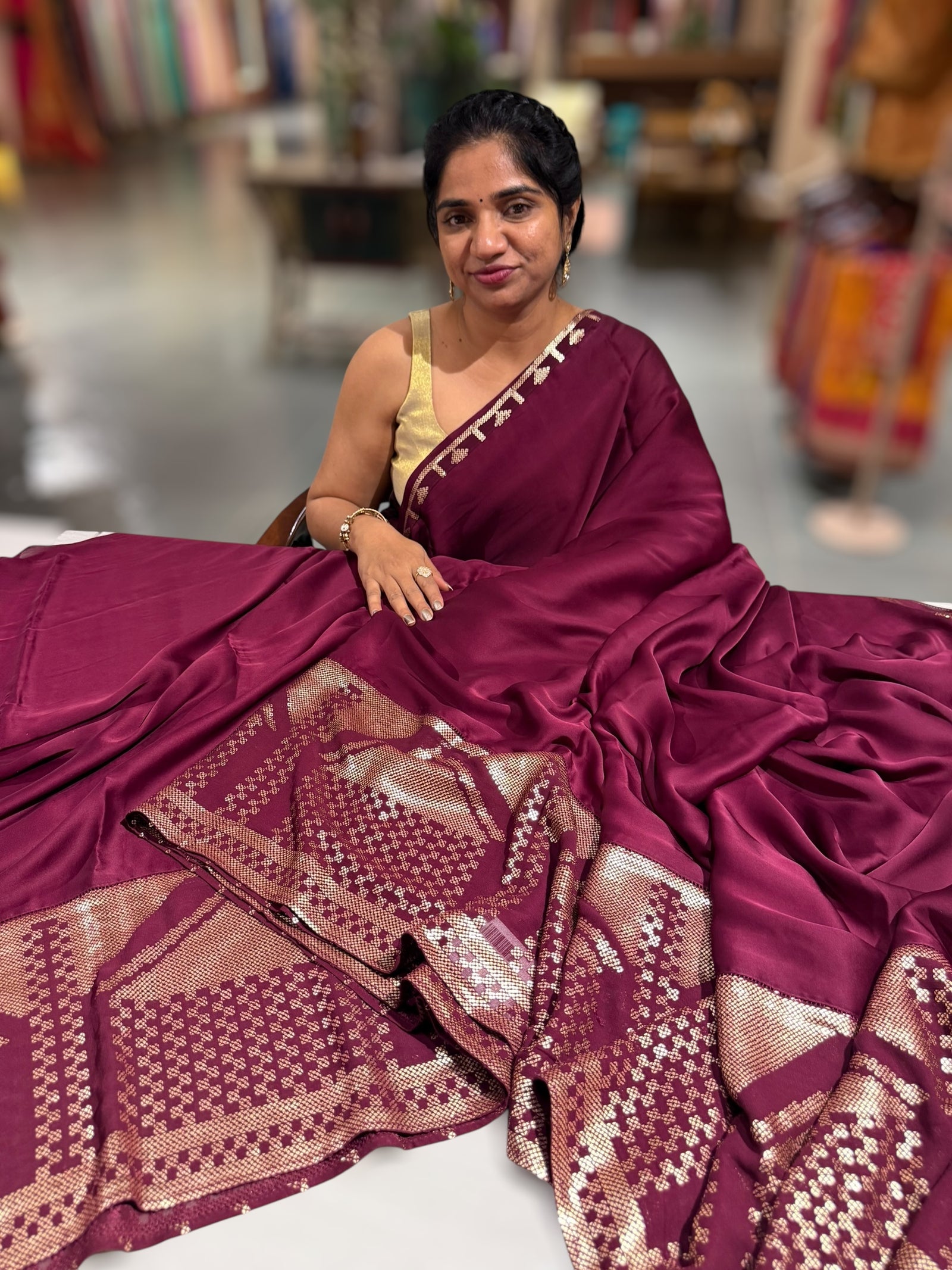 Wine pure Satin Saree with designer sequence border and blouse