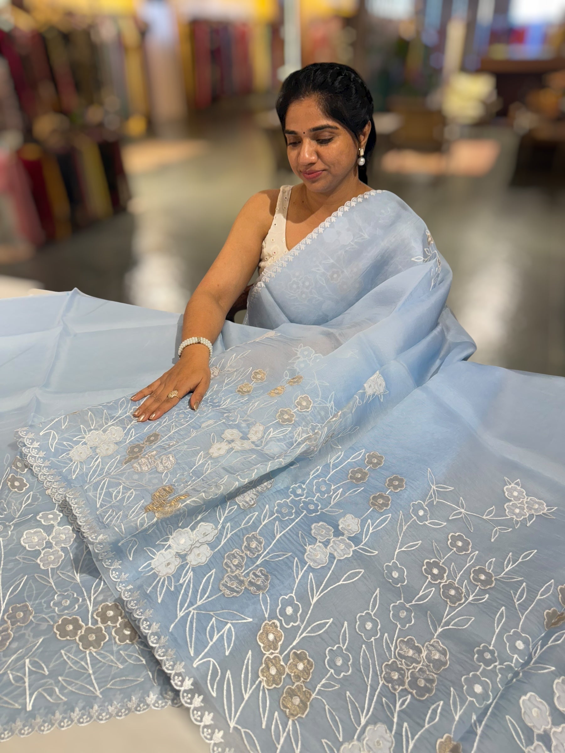 Light Cobalt Blue Organza Saree With Tissue Applique Work