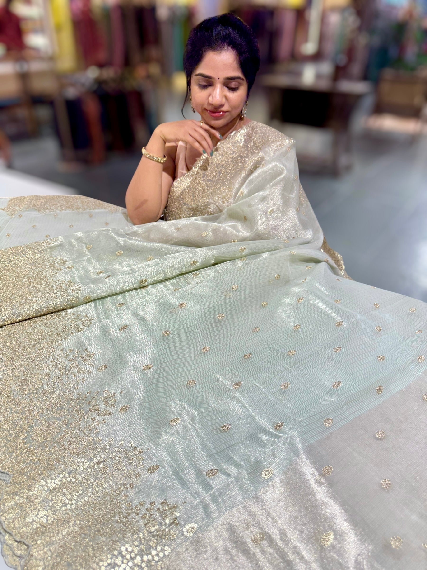 Mint Blue Tissue Saree with Heavy Sequence Embroidered Scallop Border