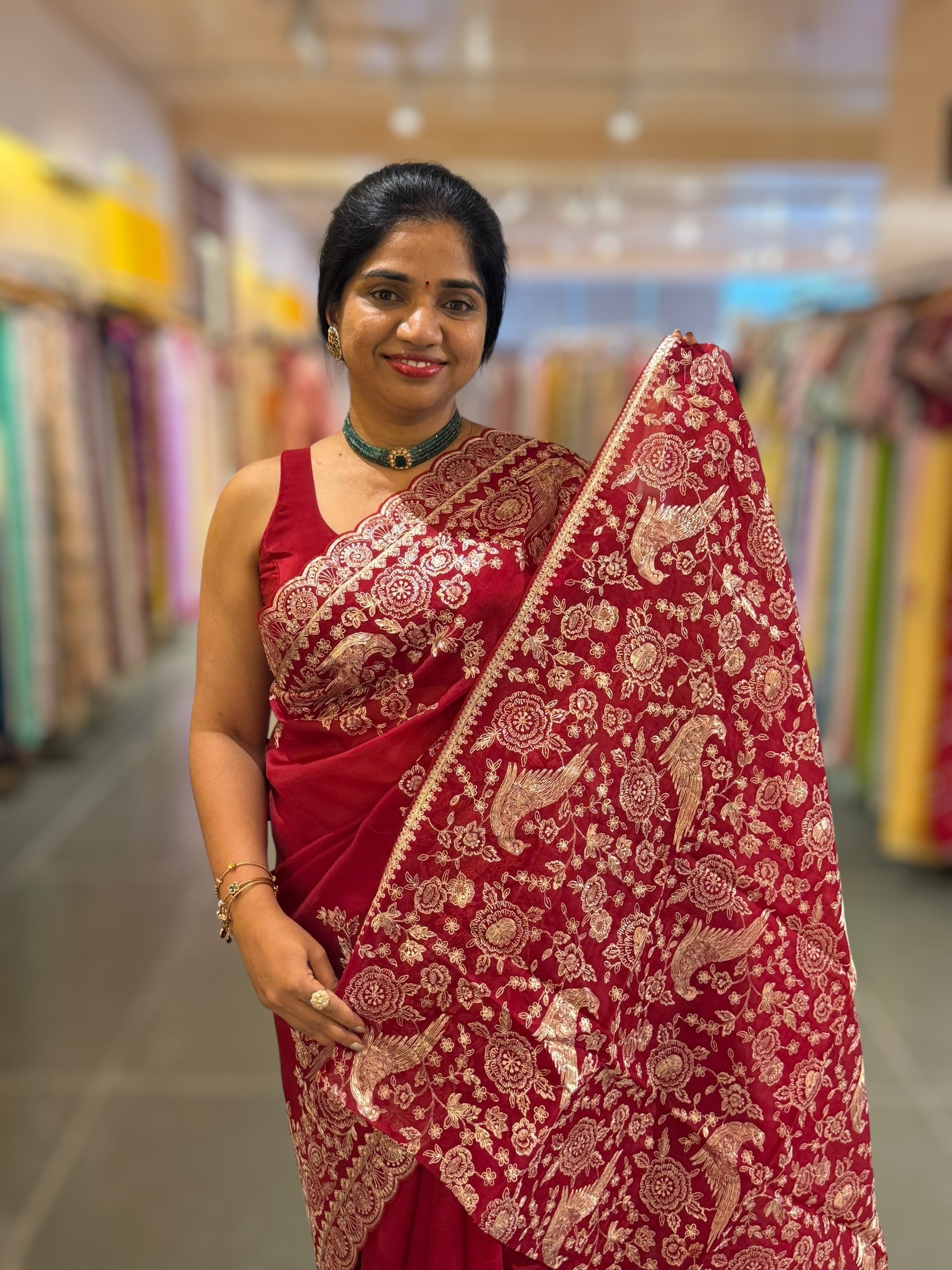 Meroonish Red  Pure organza Saree with pita emb