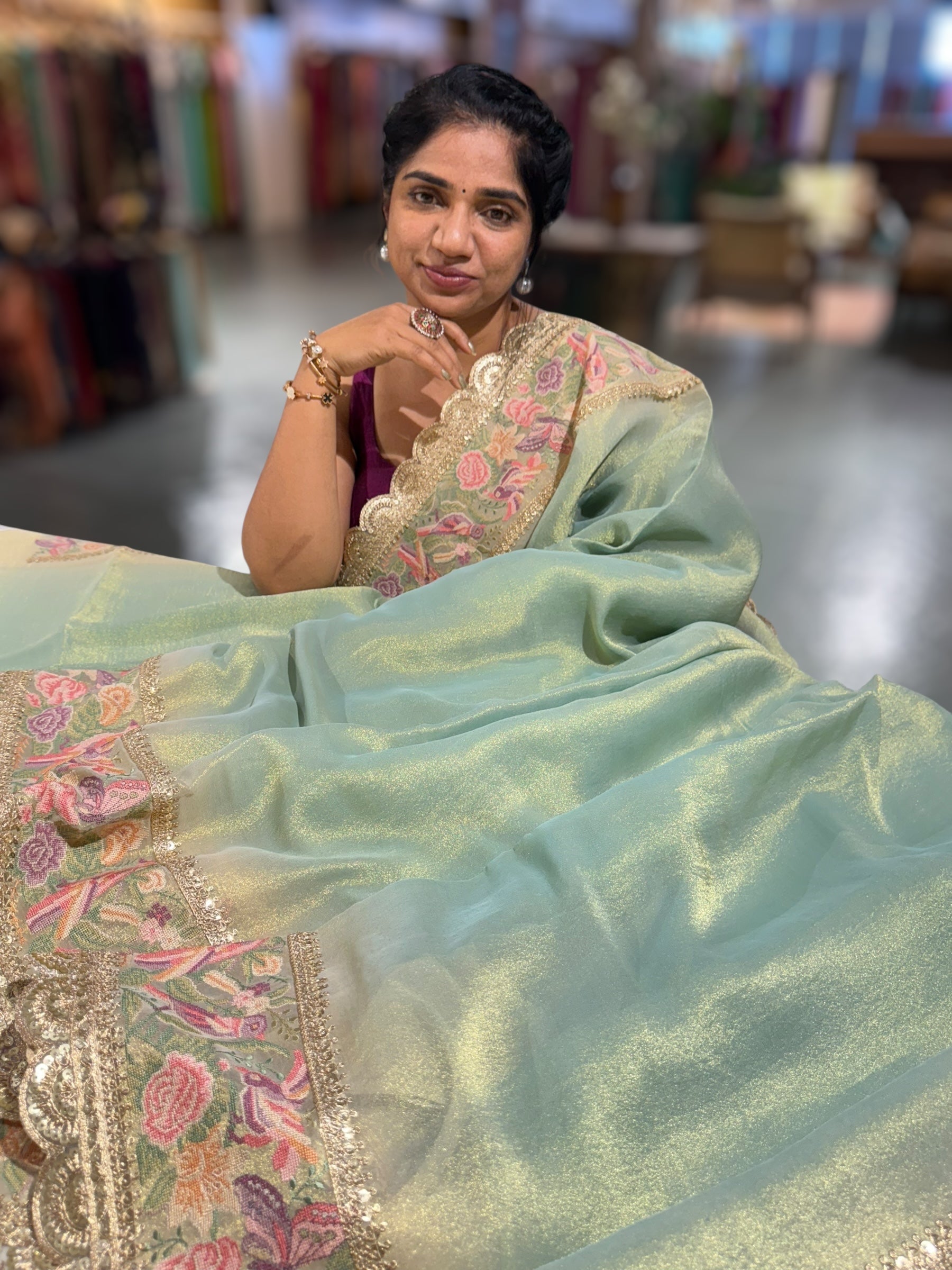 Sea Green Tissue Gorgette Saree With Petite Point Embroidered Border