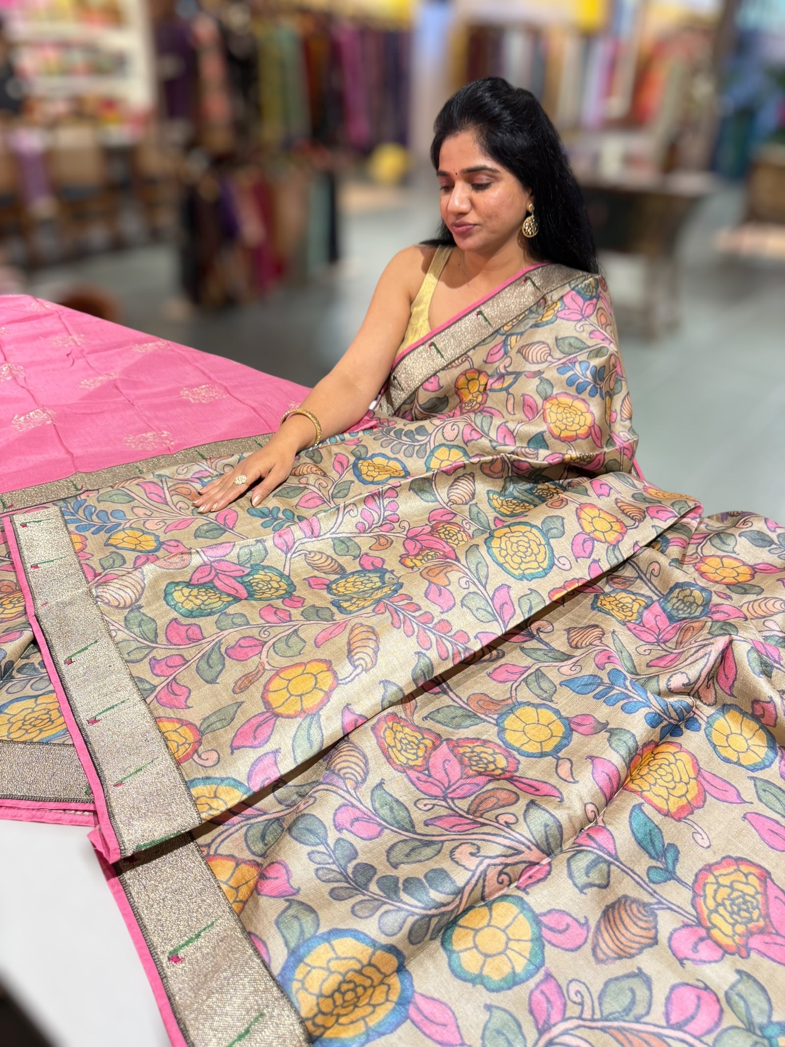 Pure Handloom Tussar kalamkari Saree with pythani single muniya borders