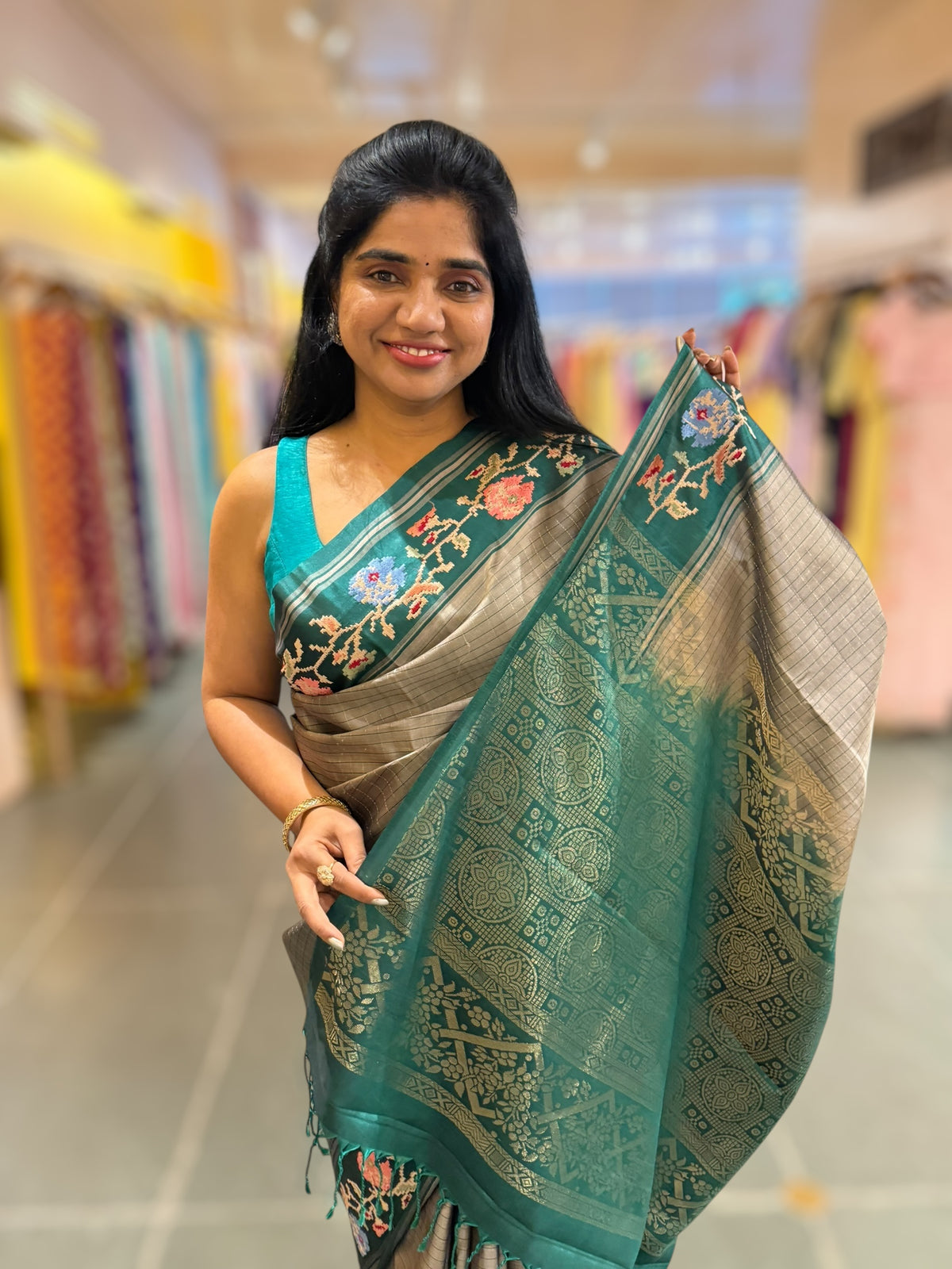Dusty Grey & Teal Vintage Kanchi soft silk saree with embroidery