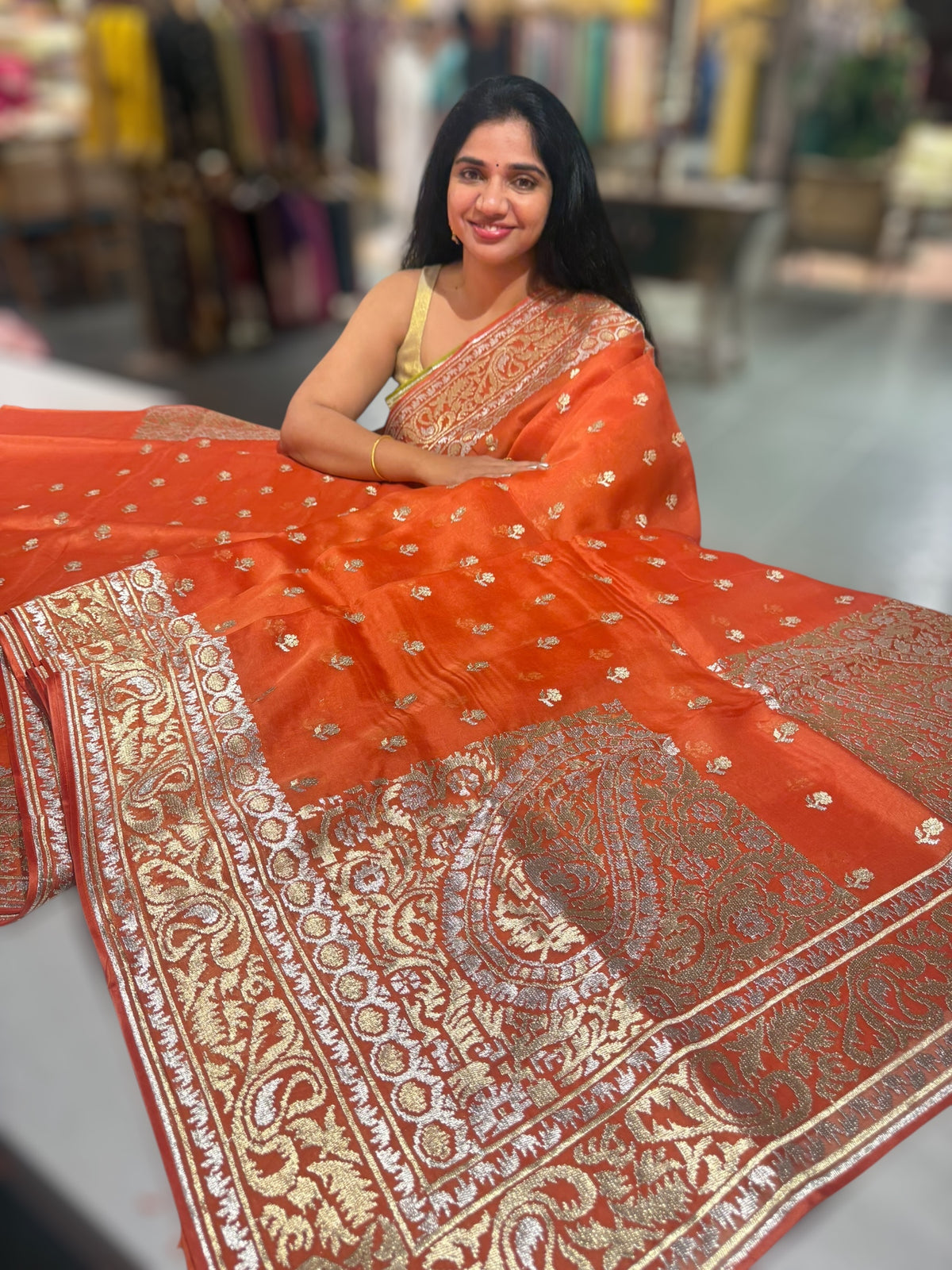 Orange Pure Organza Saree With Jamdani Inspired Embroidery