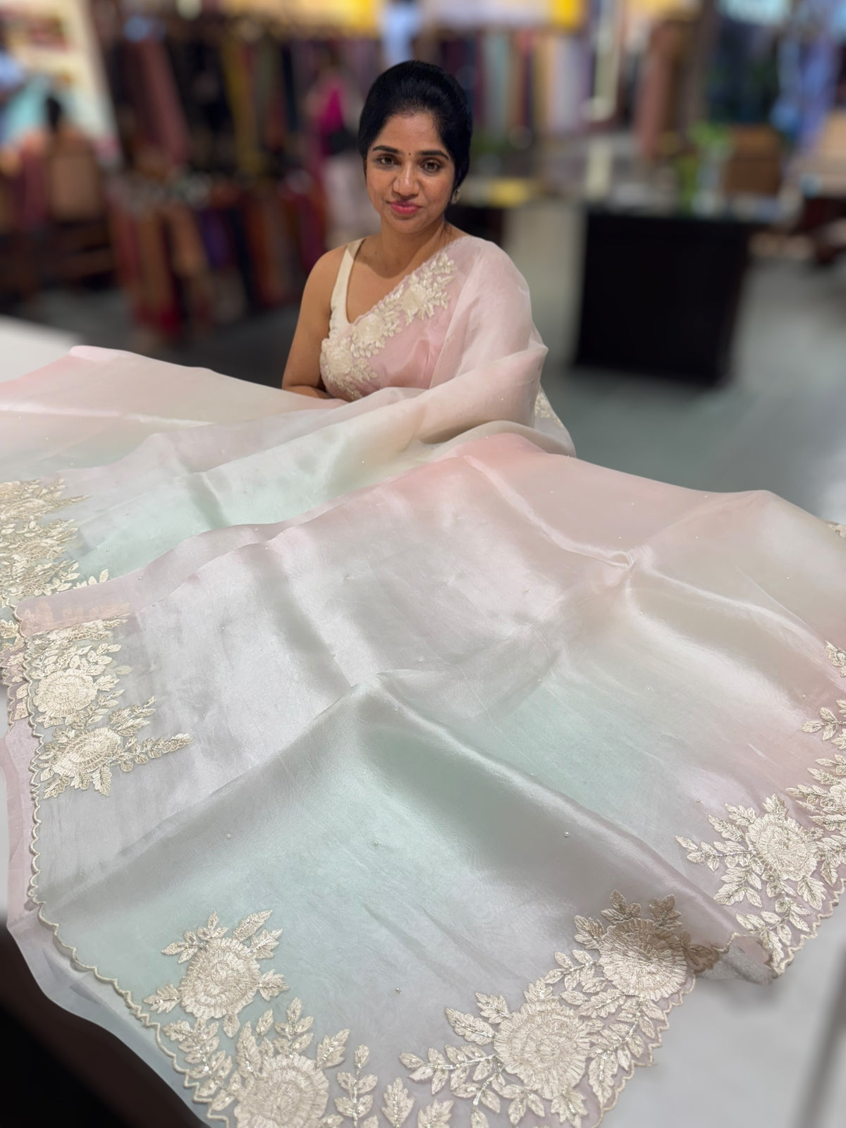 Ombre dyed Pure Organza Saree with parsi gara embroidery