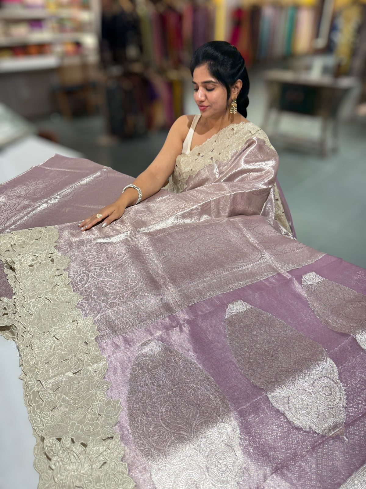 Lilac Tissue Brocade allover weaving Saree with Tissue Cutwork Rose Border