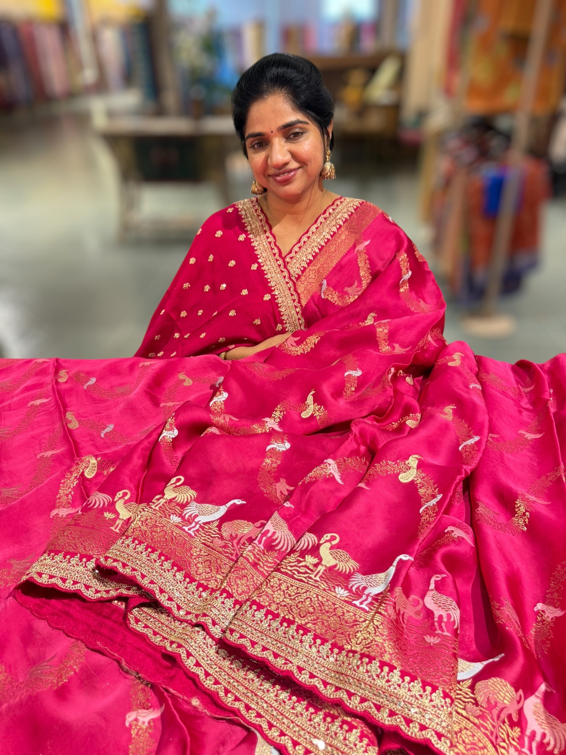 Dark Pink Mashru Silk Saree with allover weaving and Sahbysachi borders and Blouse