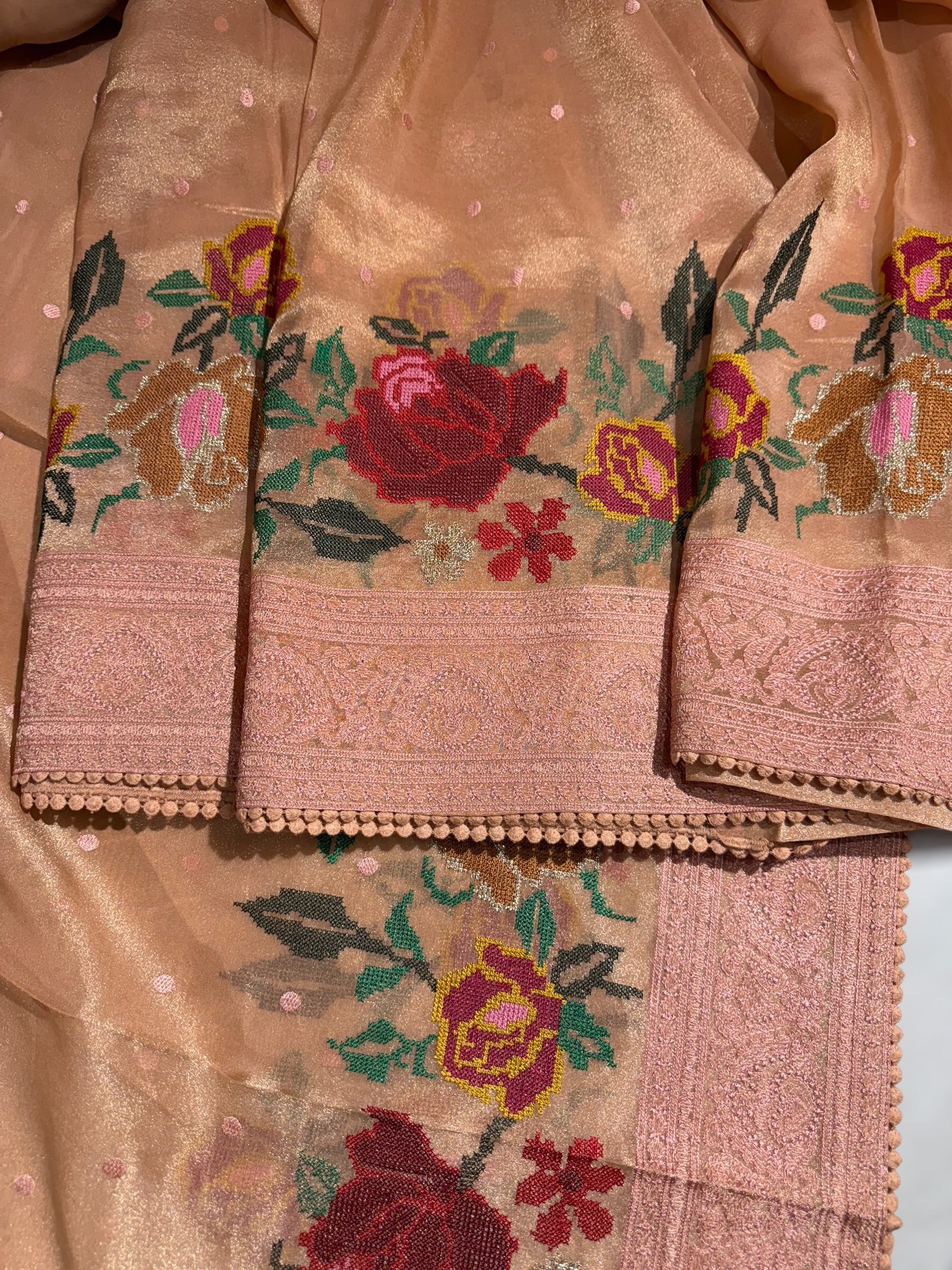 Dhaara : Peach Tissue Gorgette Saree