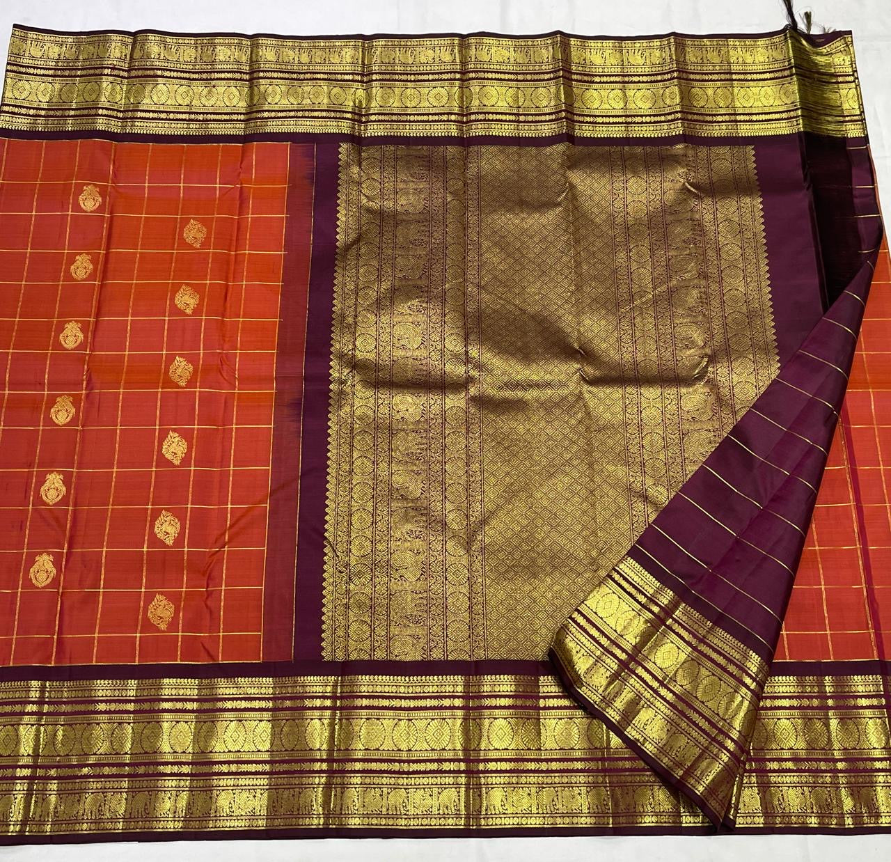 Rust Orange & winish Brown Combo Vintage Checks Kanjeevaram Saree