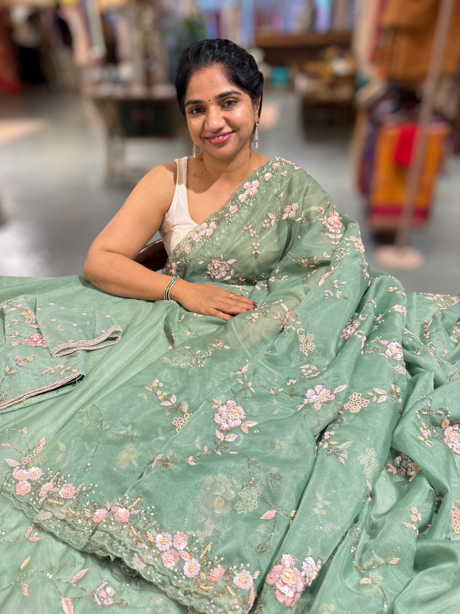 Sage Green Organza allover heavy handwork saree with ready to wear blouse