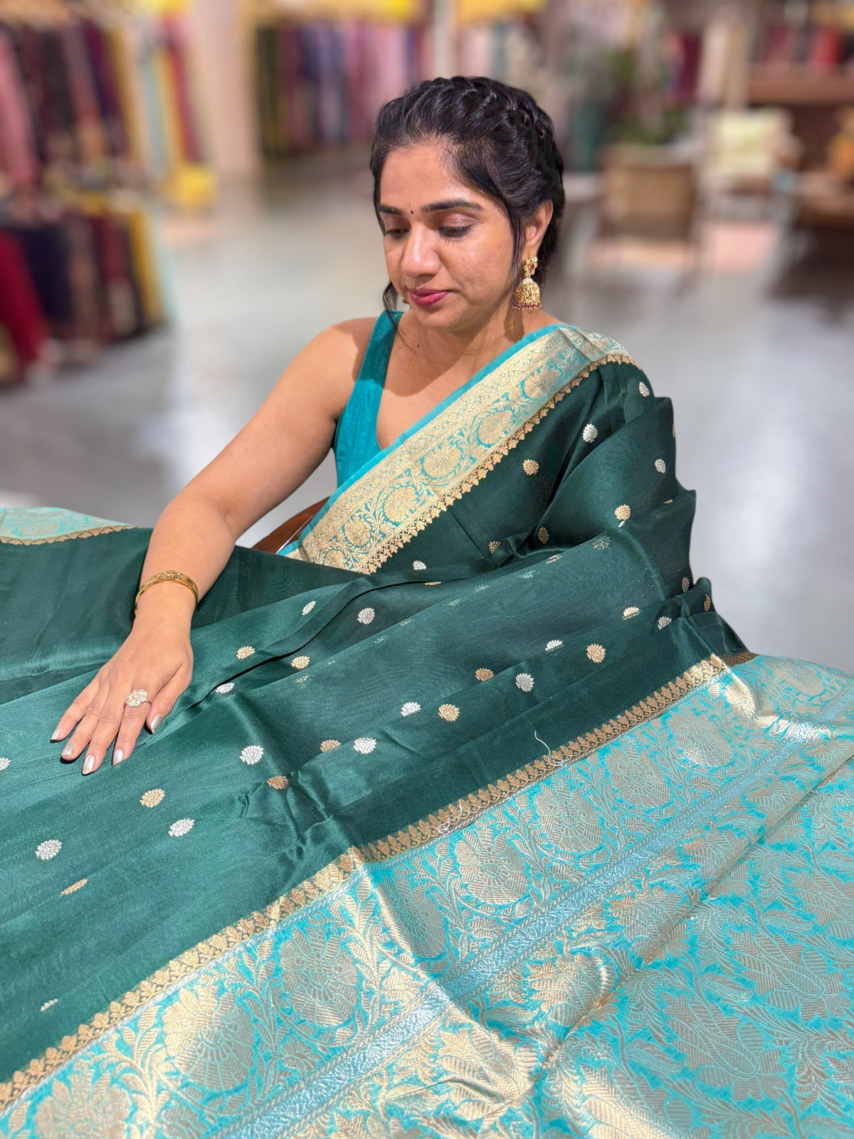 Forest Green & Teal Pure Handloom premium Kora Banarasi Saree
