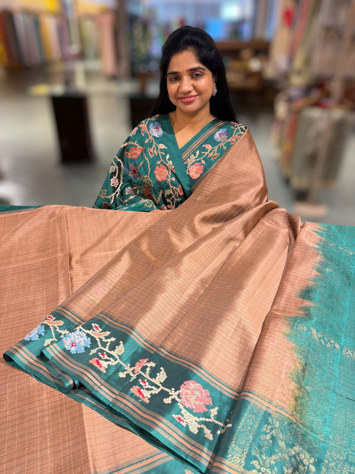 Terracota & Teal Vintage Kanchi soft silk saree with embroidery