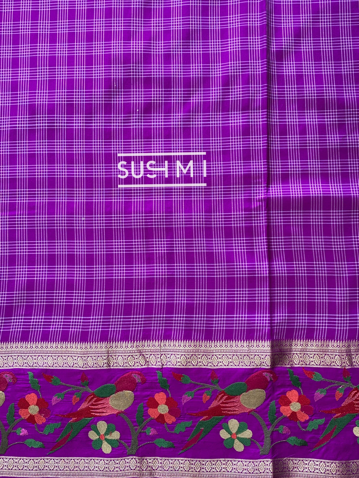 Majenta Vintage checks Kanjeevaram soft silk saree with embroidery D62F041