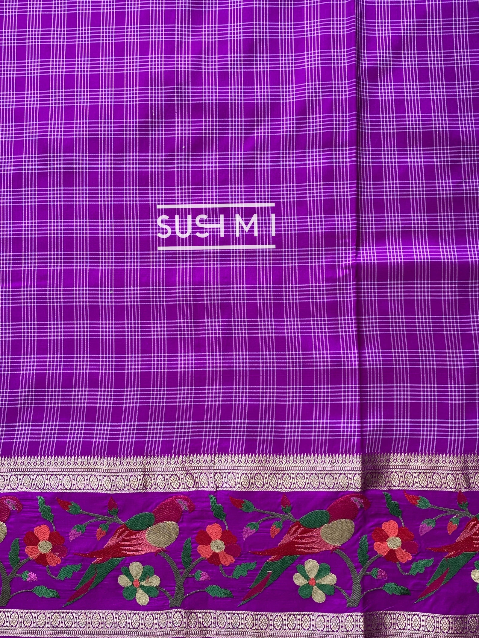 Majenta Vintage checks Kanjeevaram soft silk saree with embroidery D62F041