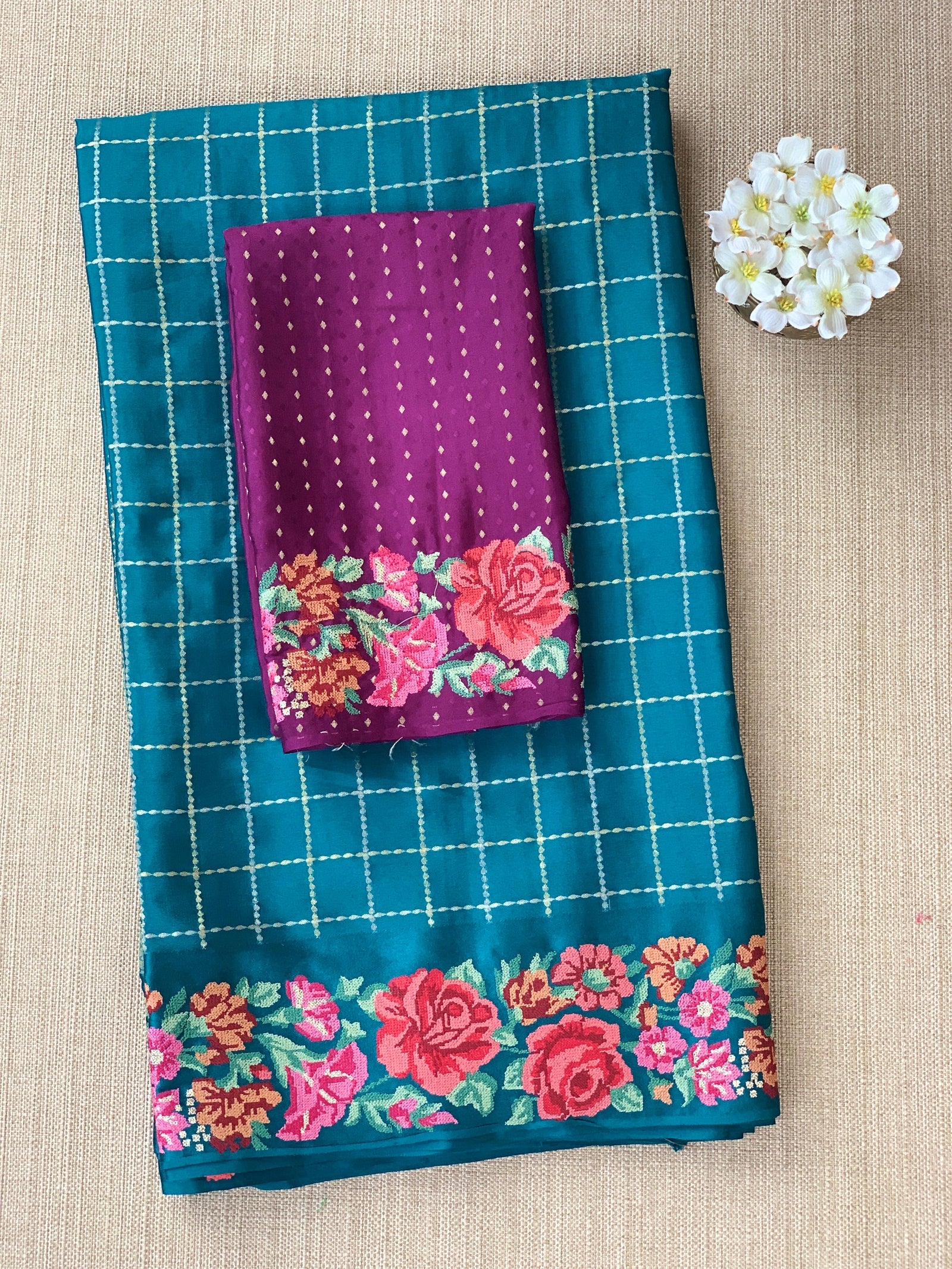 Peacock Blue Mysore Silk Saree with petitepoint embroidery S62111