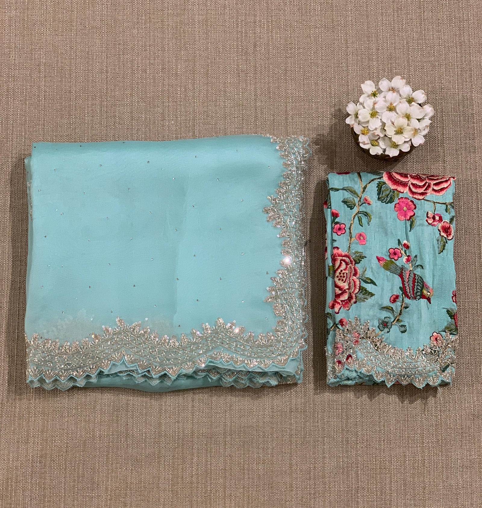 Mint Blue Pure Organza Handwork Saree with heavy Designer Blouse