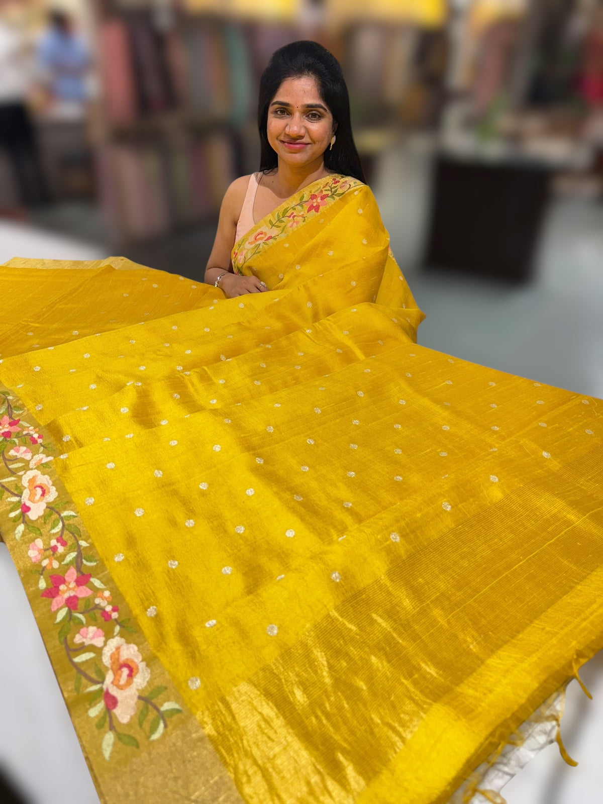 Mango Yellow Raw Silk Saree with Embroidery
