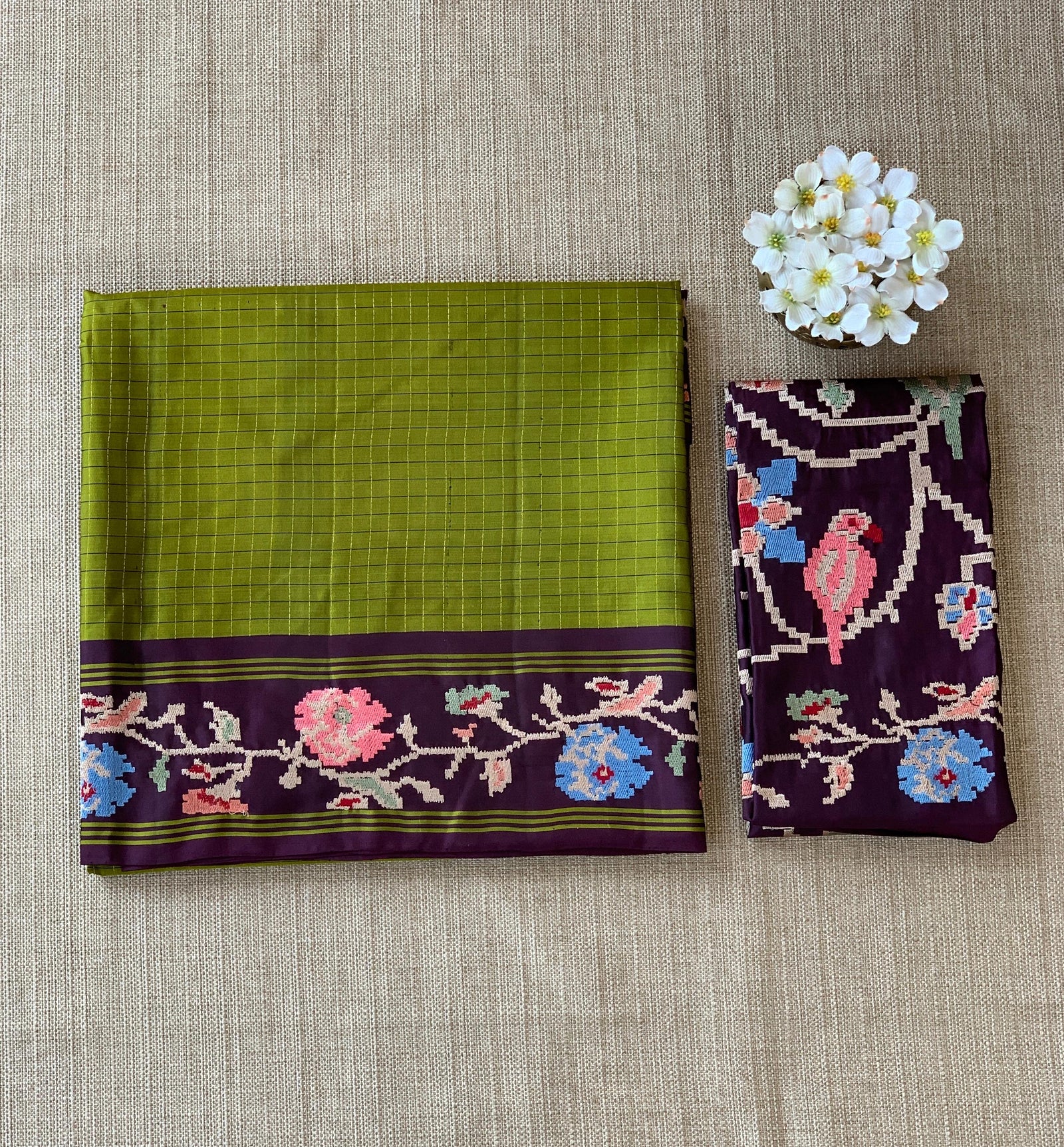 Leaf Green & Grape Wine Combo Vintage Kanchi soft silk saree with embroidery