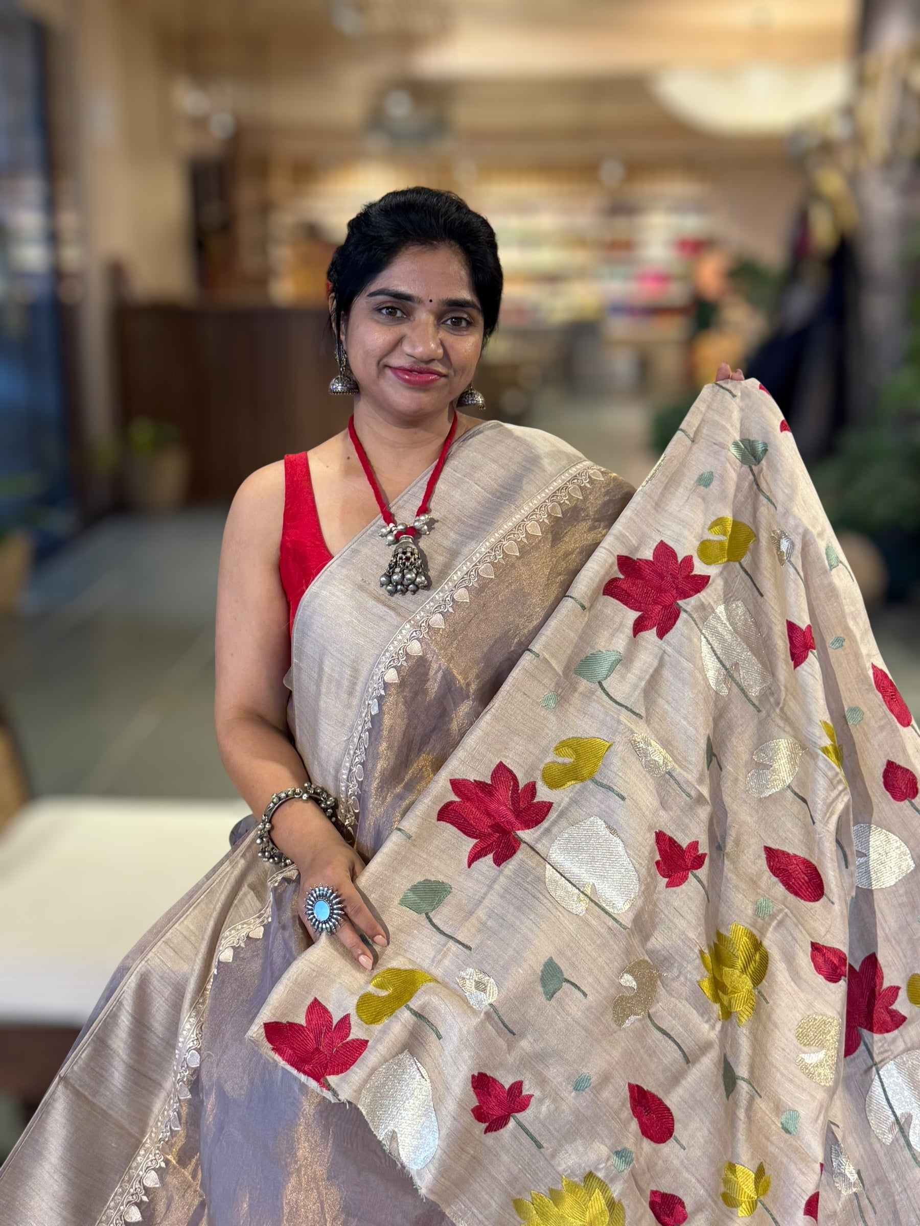 Mauve Designer Handloom Tissue Saree With Tulip embroidery