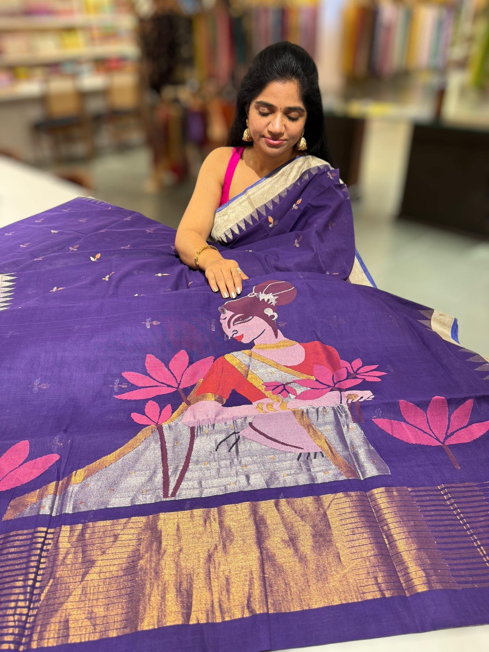 Violet Pure  handloom Ponduru Khadi jamdani Saree with designer pallu