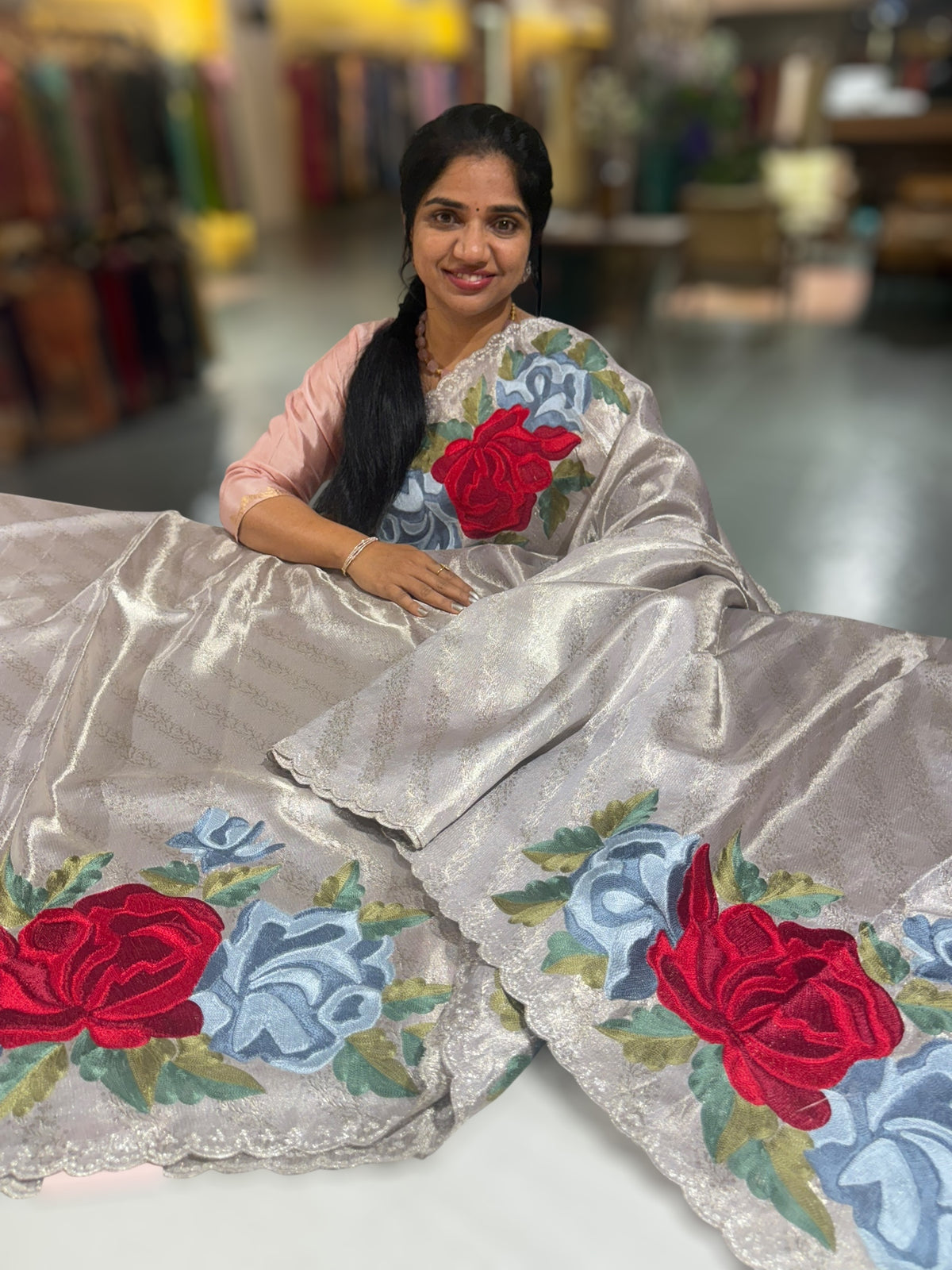 Silver Kanchi Brocade Tissue Saree with Statement Floral Embroidered Roses
