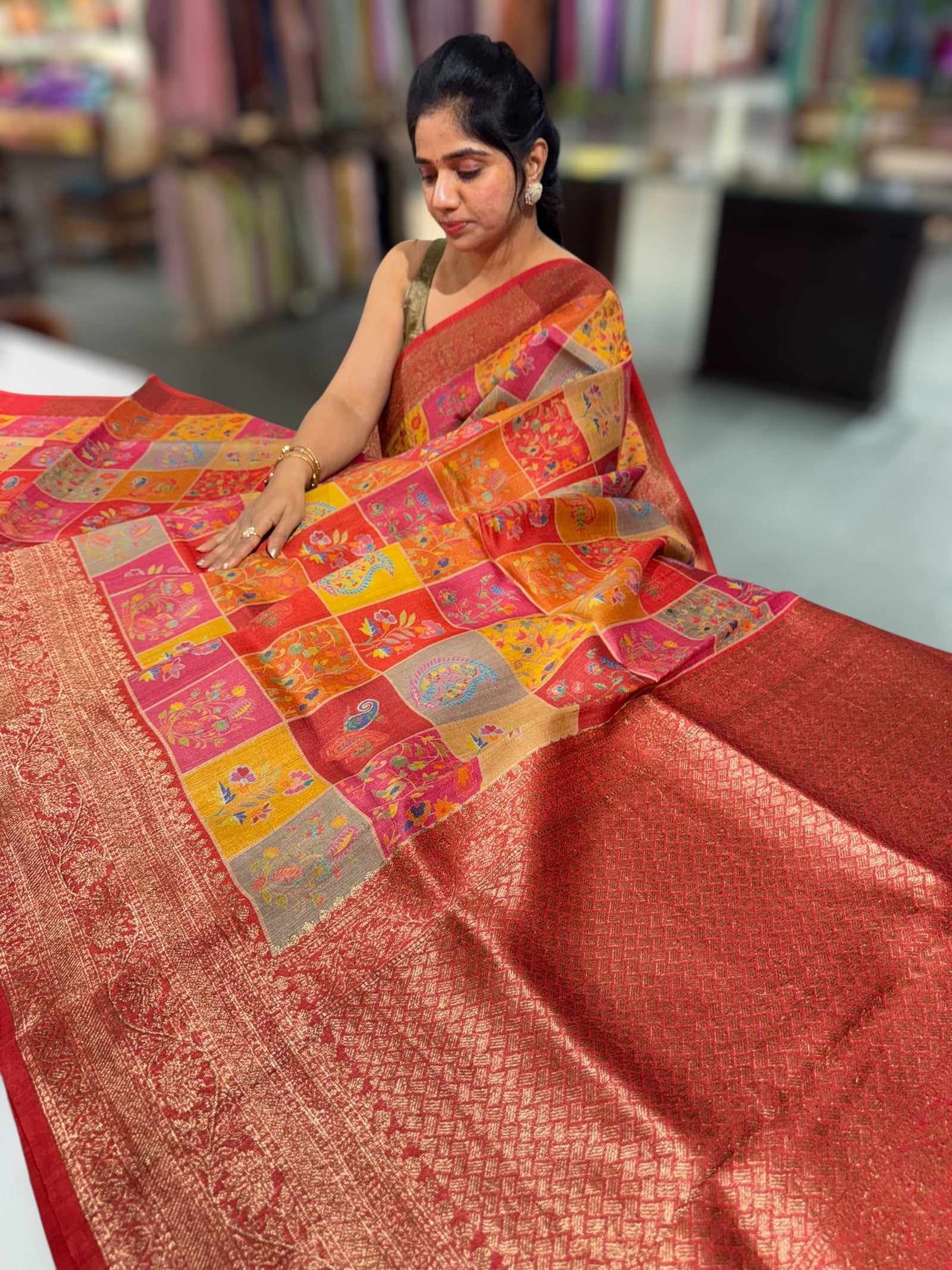 Orangish Red Printed Banarasi Tussar