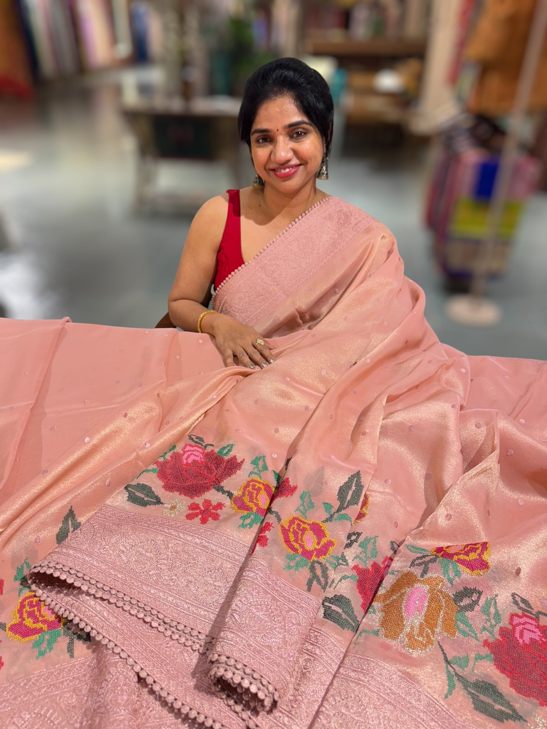 Dhaara : Peach Pink Tissue Gorgette Saree