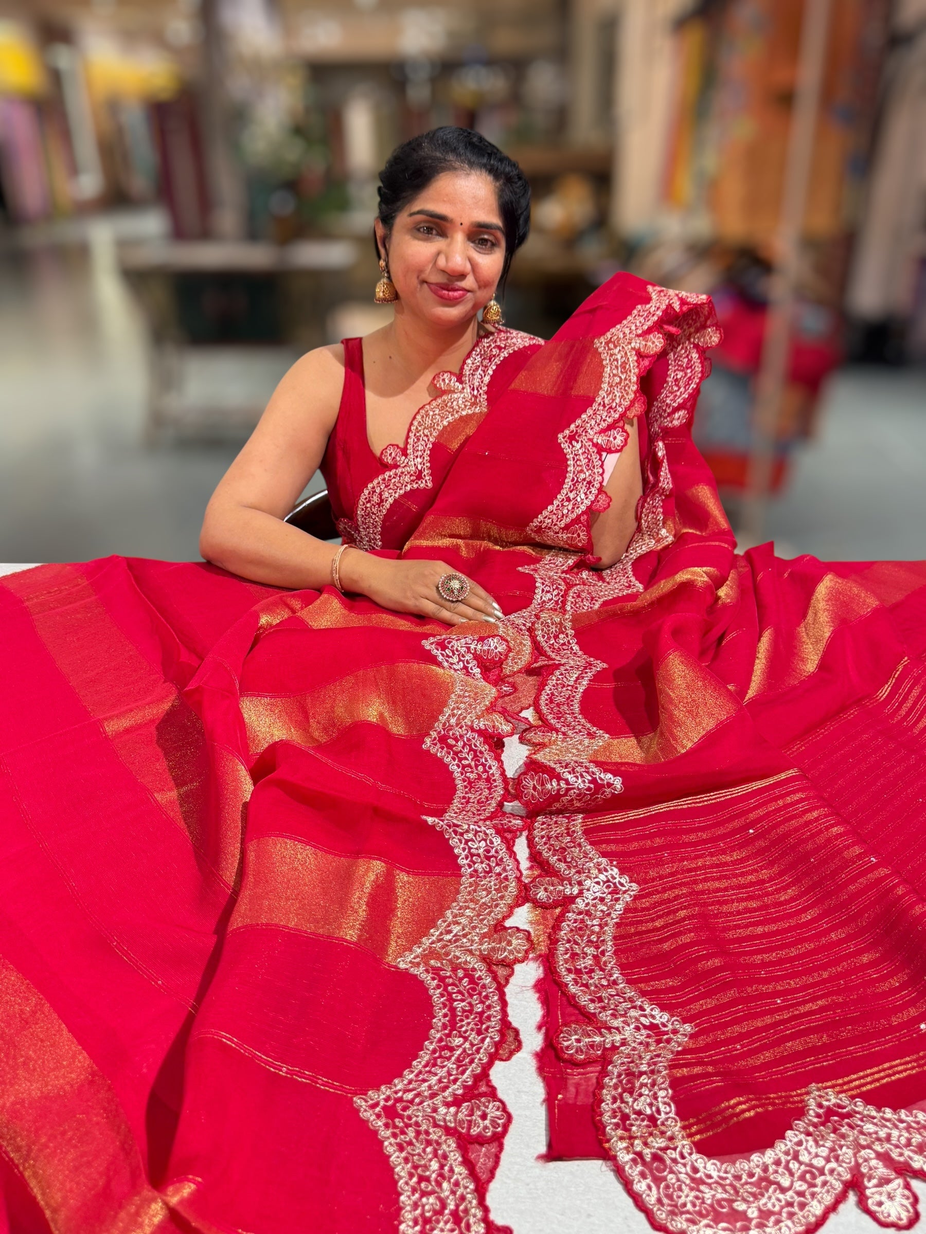 Red Organza and Tissue stripes Saree with Pita Embroidery