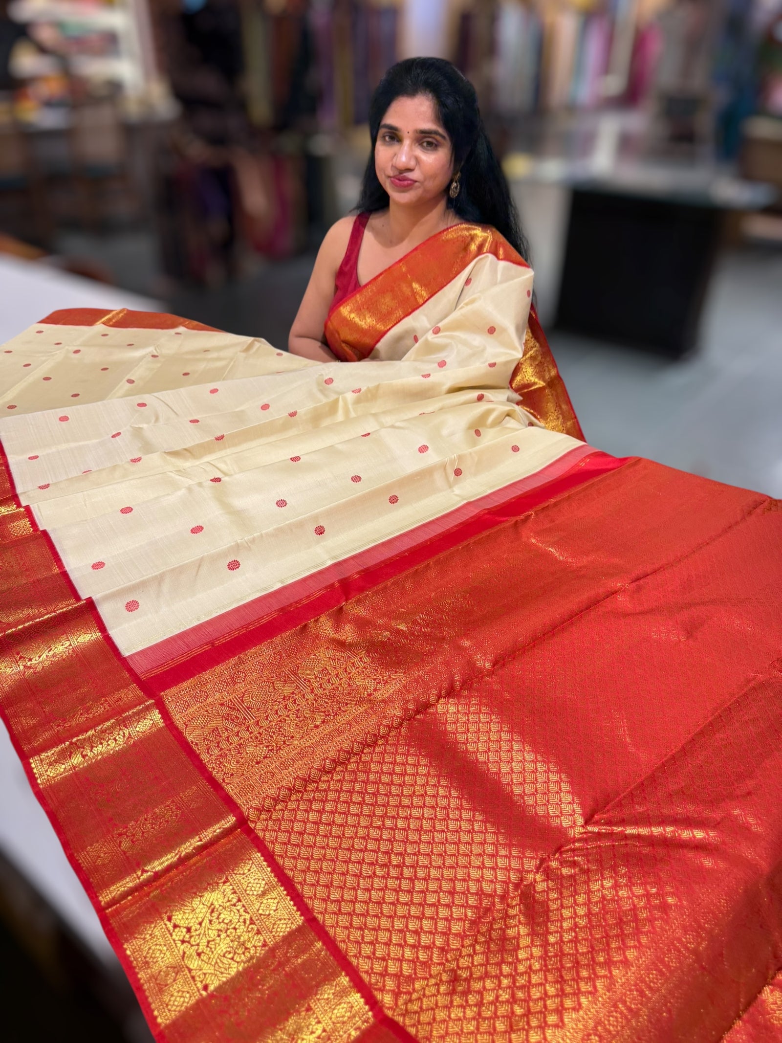 Ivory and Reddish Orange Combo Kanchi Vintage Saree