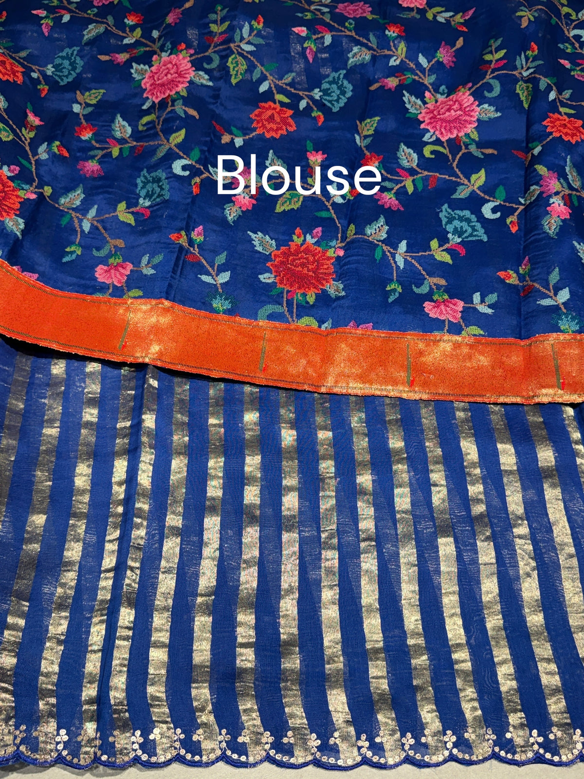Electric Blue Mul tissue stripes saree with fusion blouse : D62139