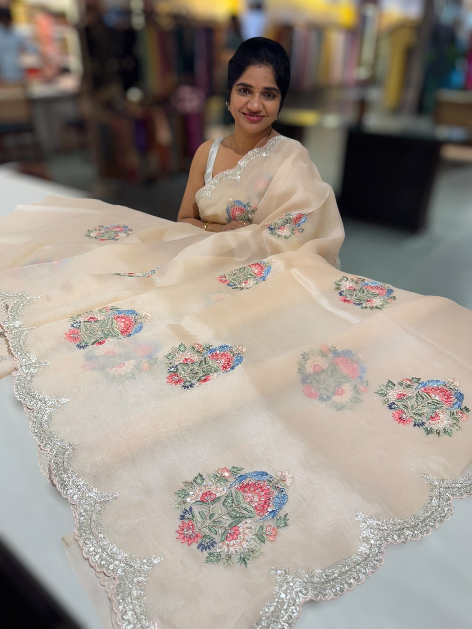 Nude Pink pure Organza handwork saree