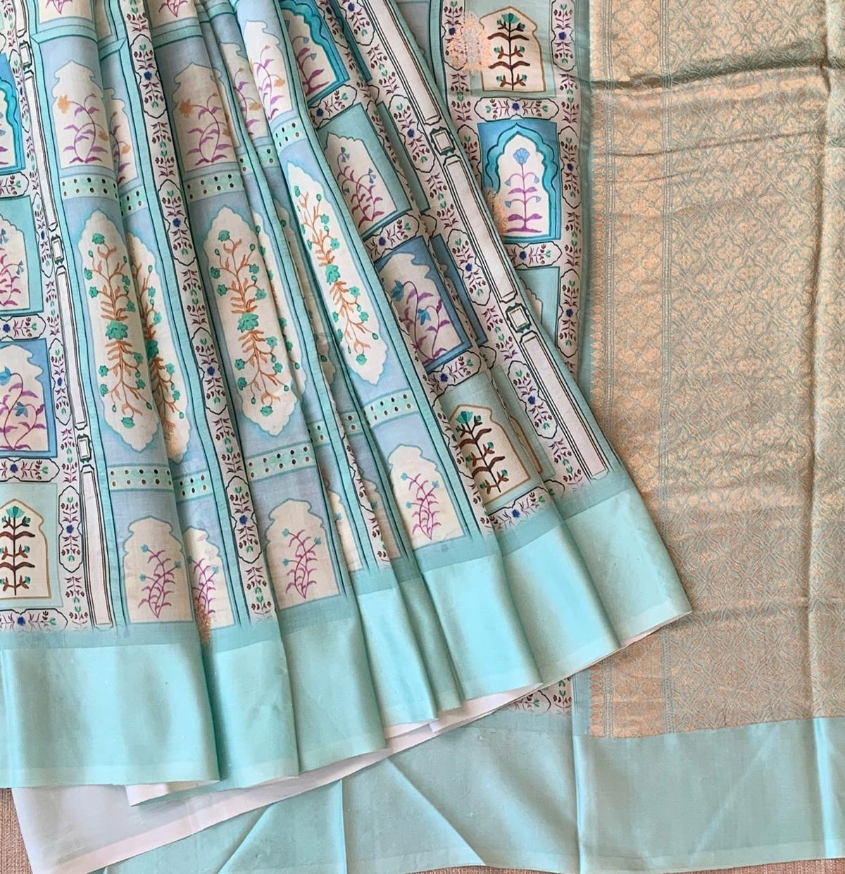 Mint Blue Soft Silk Saree with patola style print and mashru borders