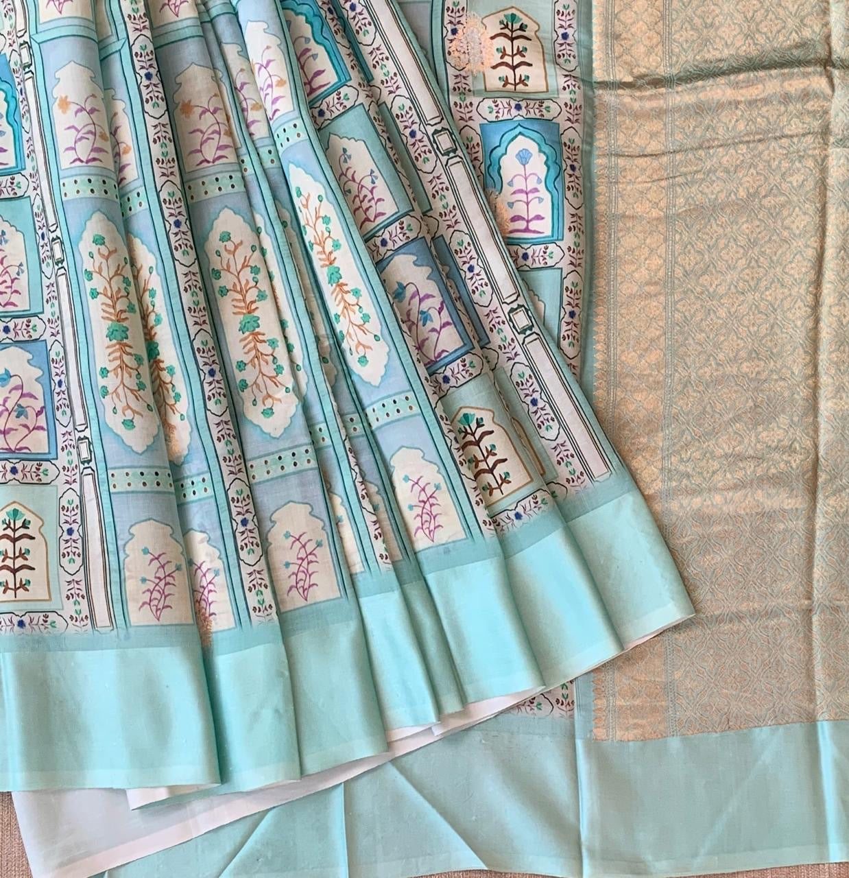 Mint Blue Soft Silk Saree with patola style print and mashru borders