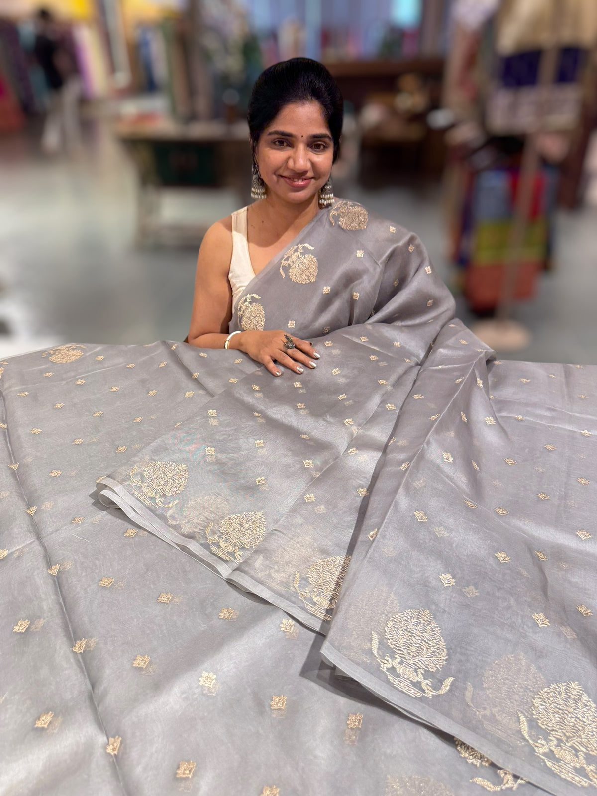 Grey Organza Saree With Embroidery & Tussar Printed Blouse