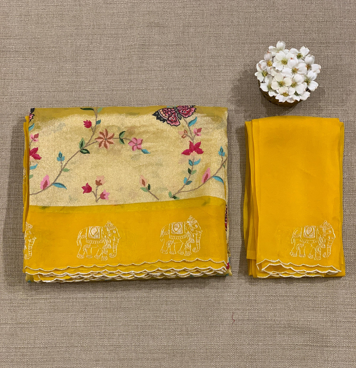 Mango Yellow Premium Handloom Designer Tissue saree with exquisite embroidery