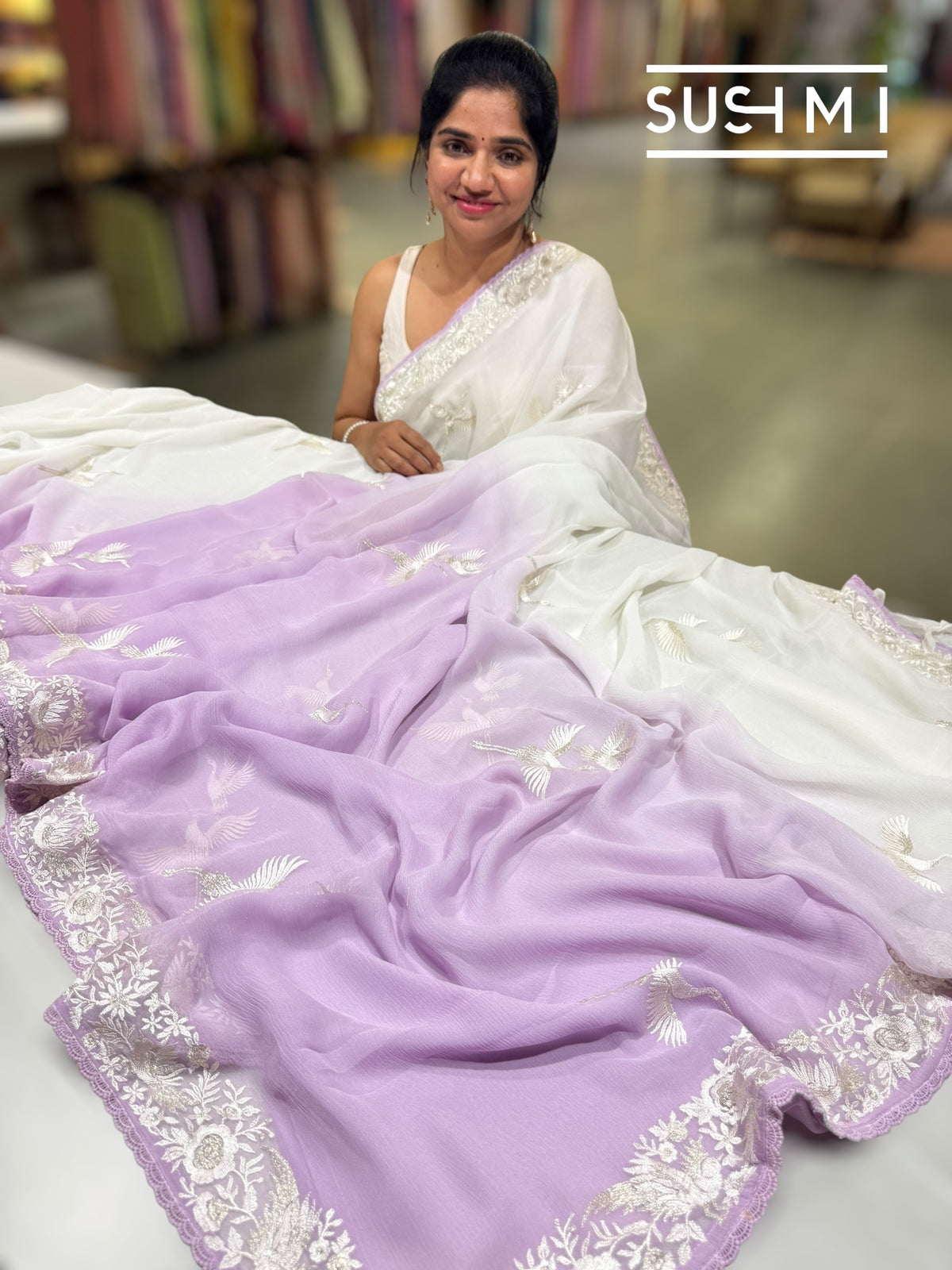Lilac Ombre dyed chiffon saree with parsigara embroidery : S62F072