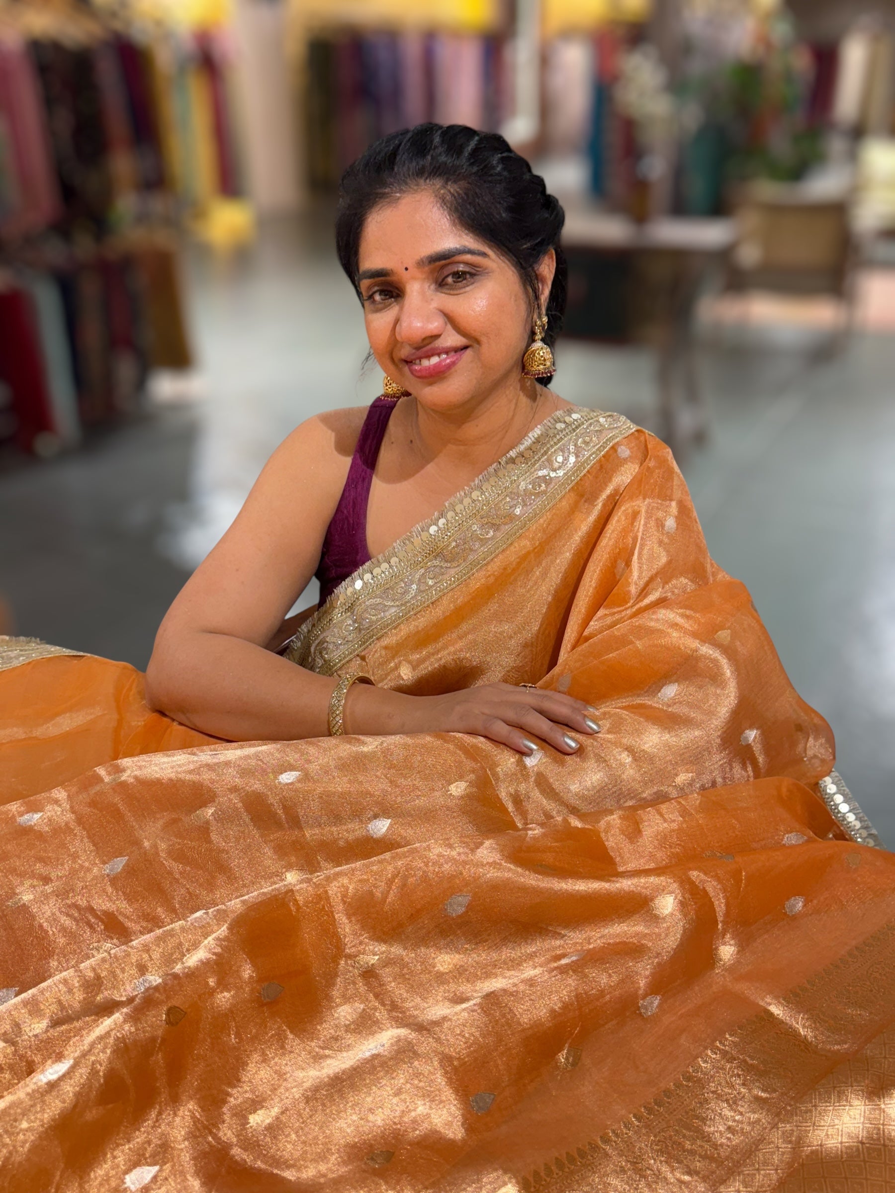 Light Orange Pure handloom Banarasi Tissue saree