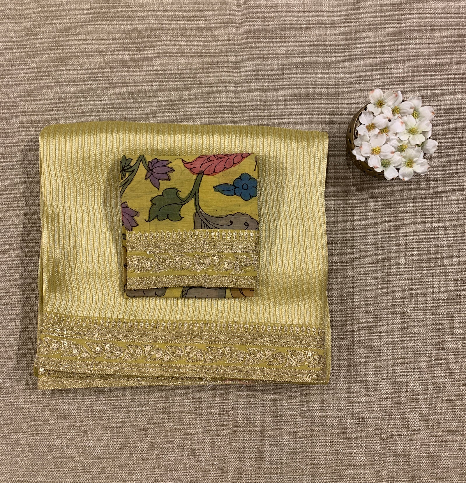 Lemon yellow Banarasi tonchoi with pen kalamkari Blouses